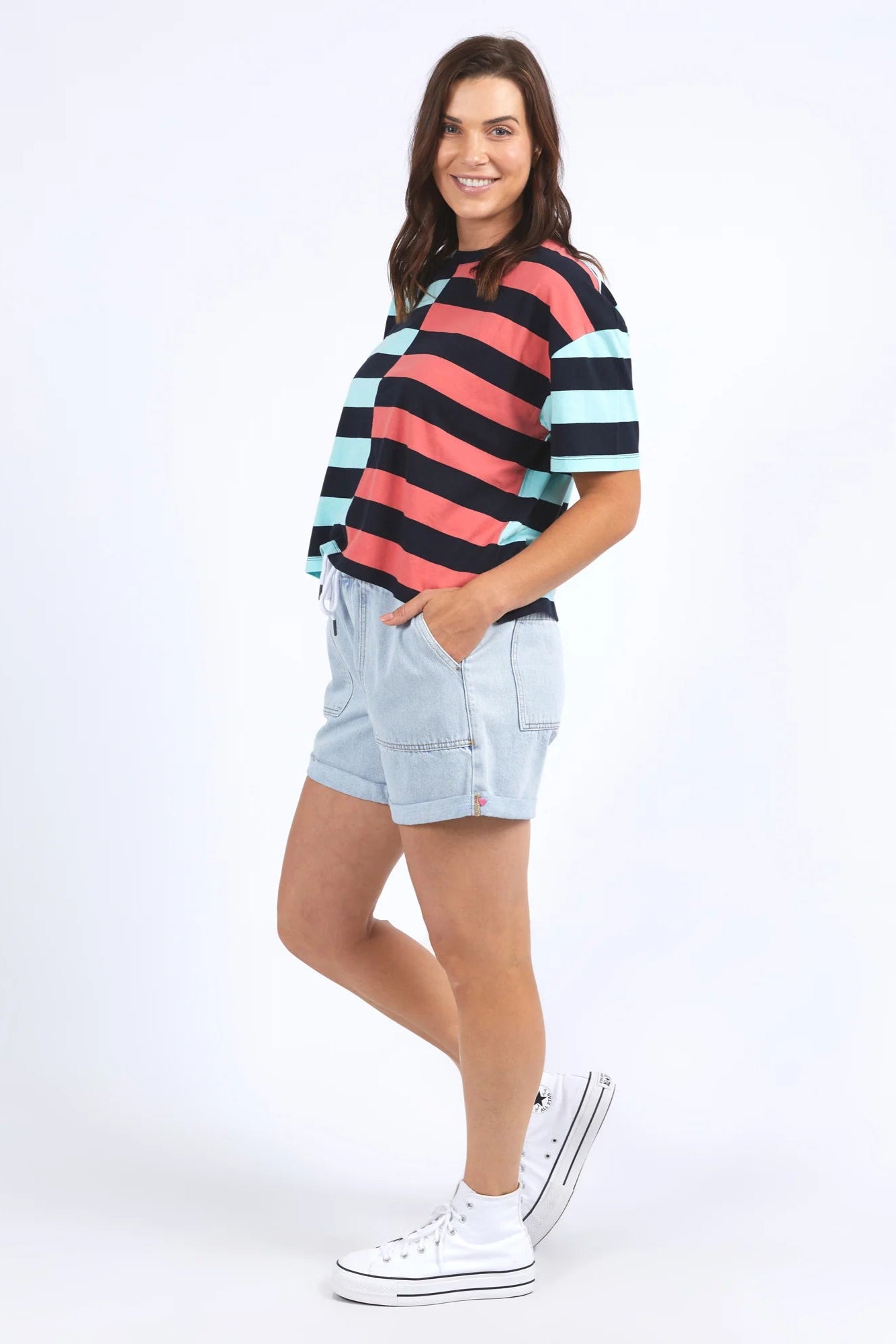 ELM SHELTER SPLICE TEE - WATERMELON/BLUE STRIPE - THE VOGUE STORE