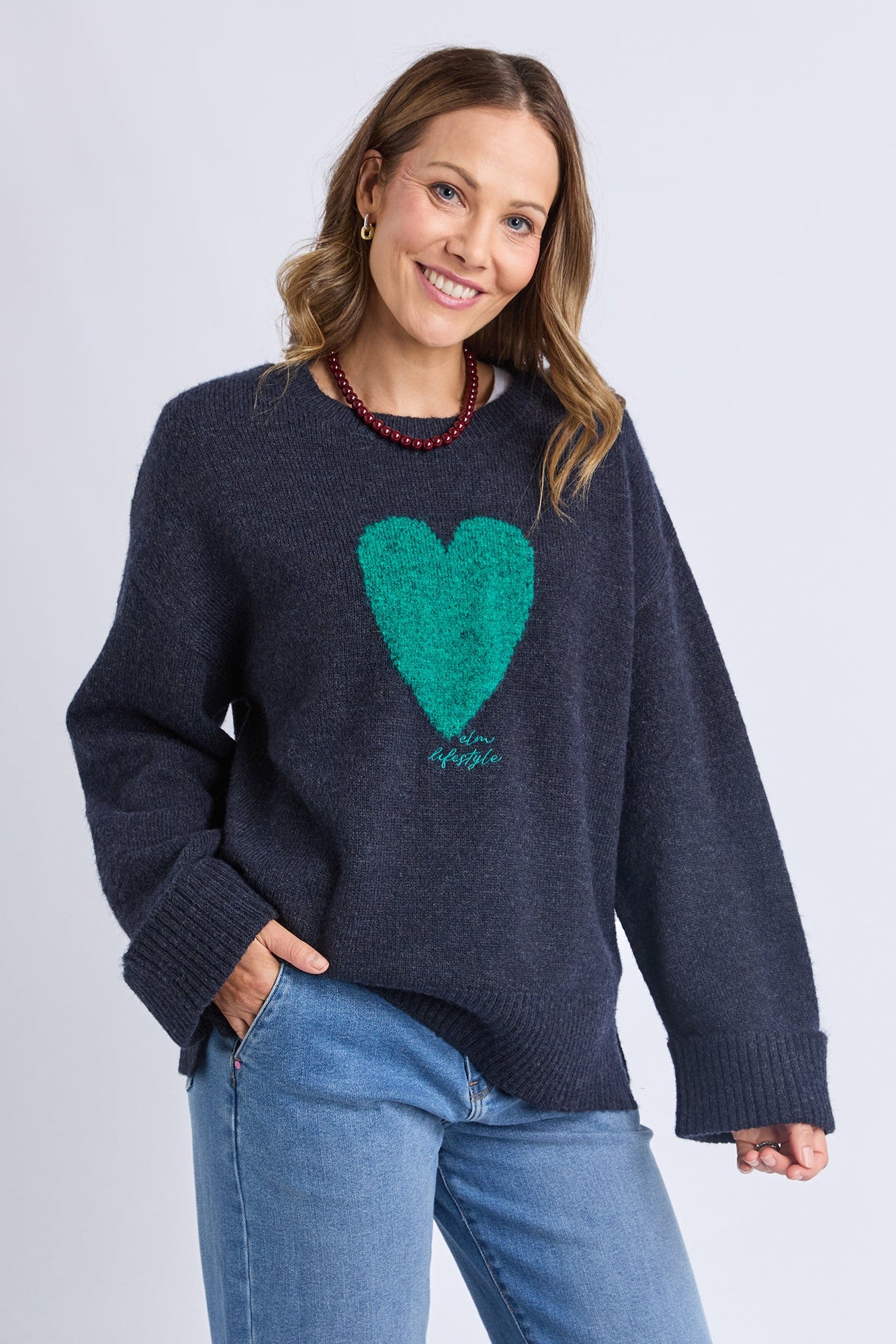 ELM INTARSIA HEART KNIT - NAVY - THE VOGUE STORE