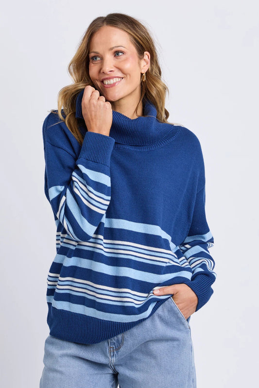 ELM STRIPED ROLL NECK SWEATER - NAVY - THE VOGUE STORE