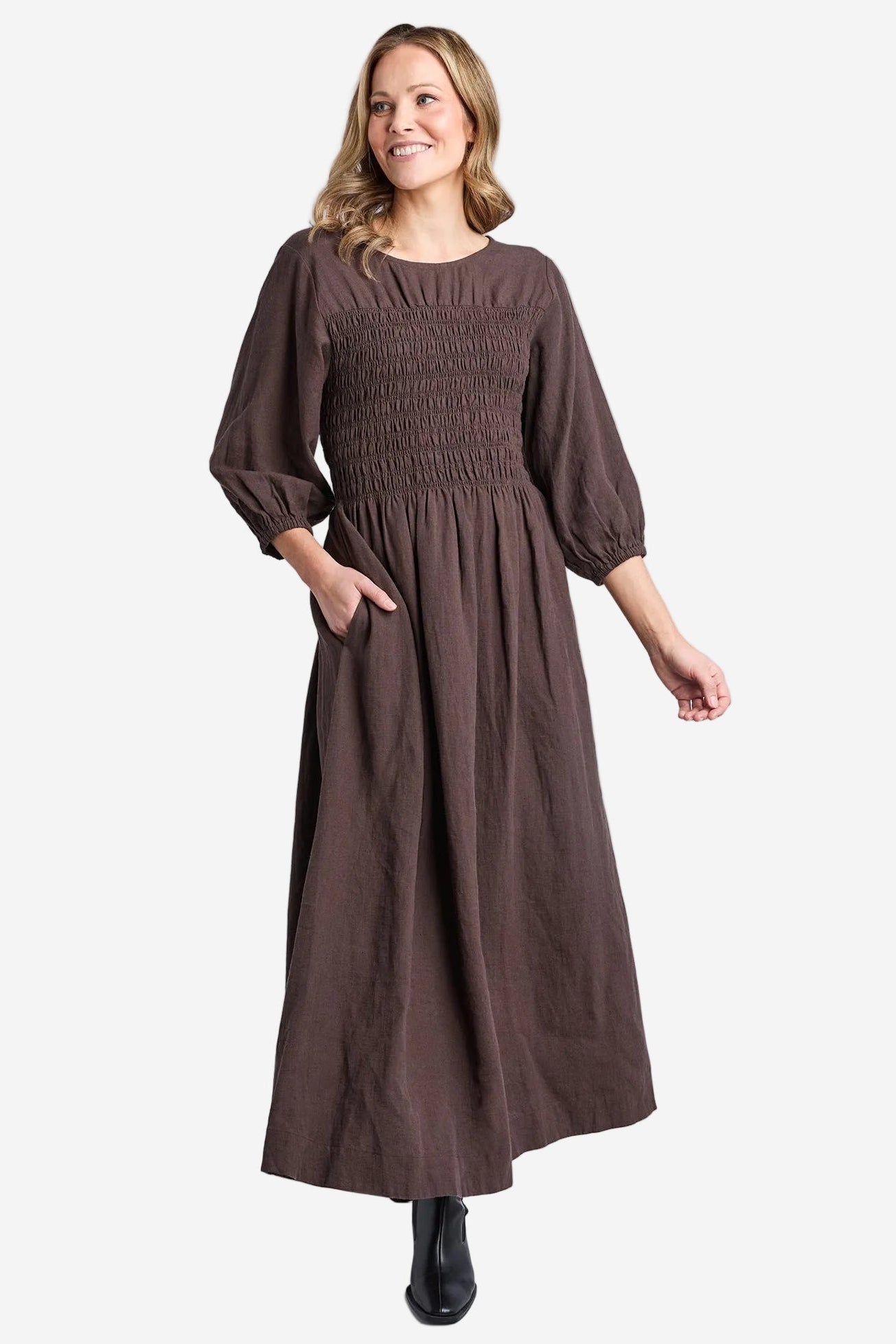 ELM NORA SHIRRED DRESS - CHOCOLATE - THE VOGUE STORE