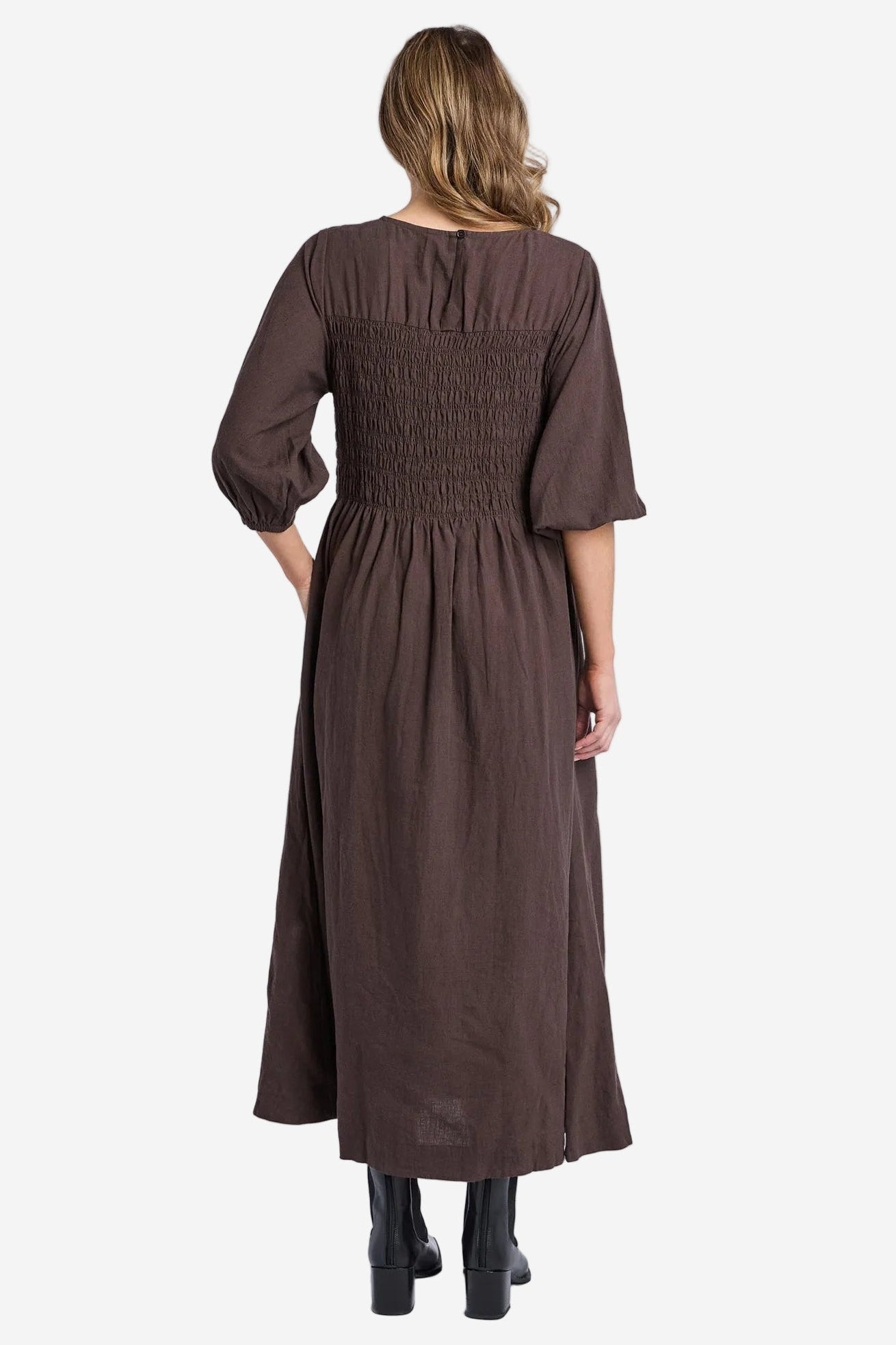 ELM NORA SHIRRED DRESS - CHOCOLATE - THE VOGUE STORE