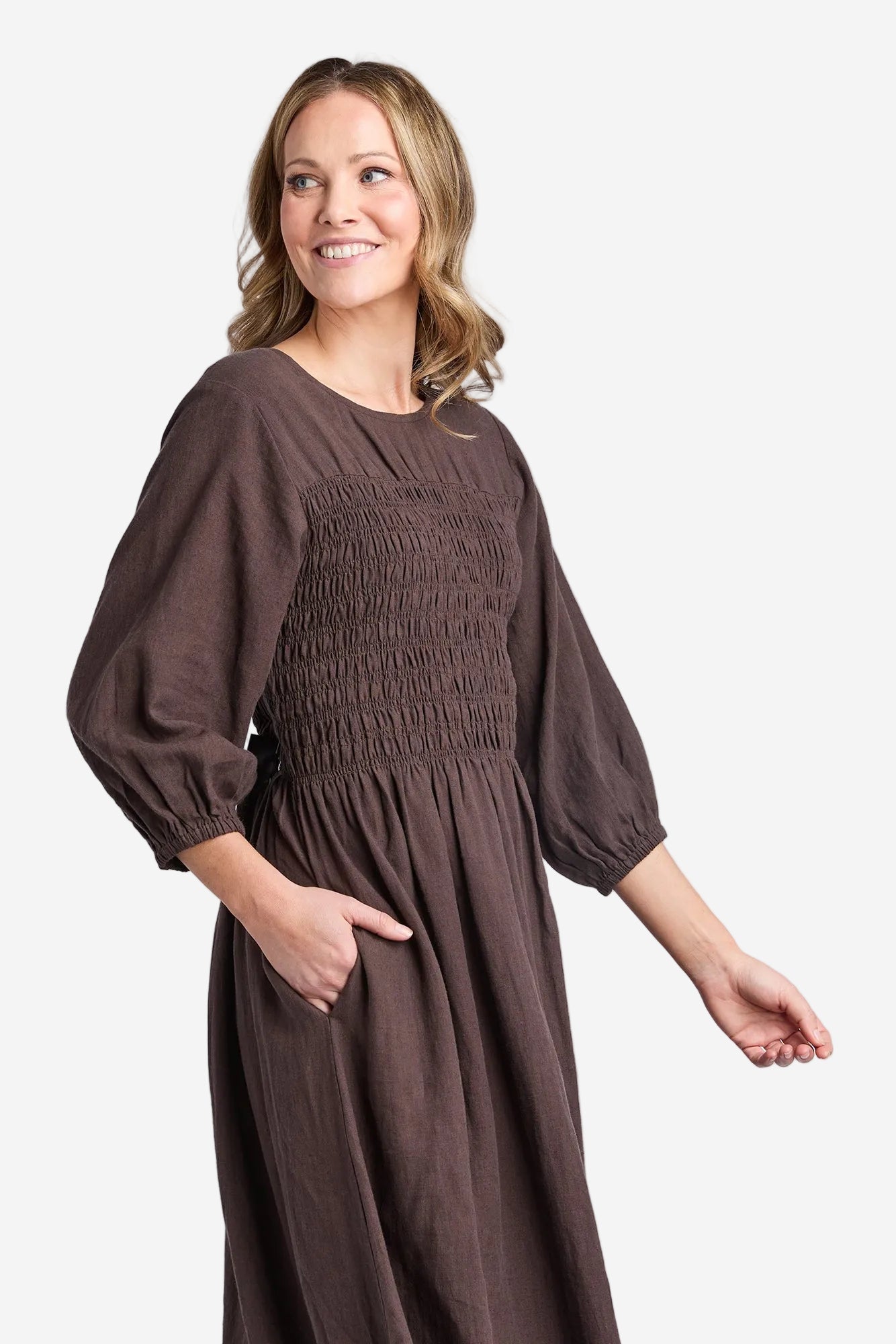 ELM NORA SHIRRED DRESS - CHOCOLATE - THE VOGUE STORE