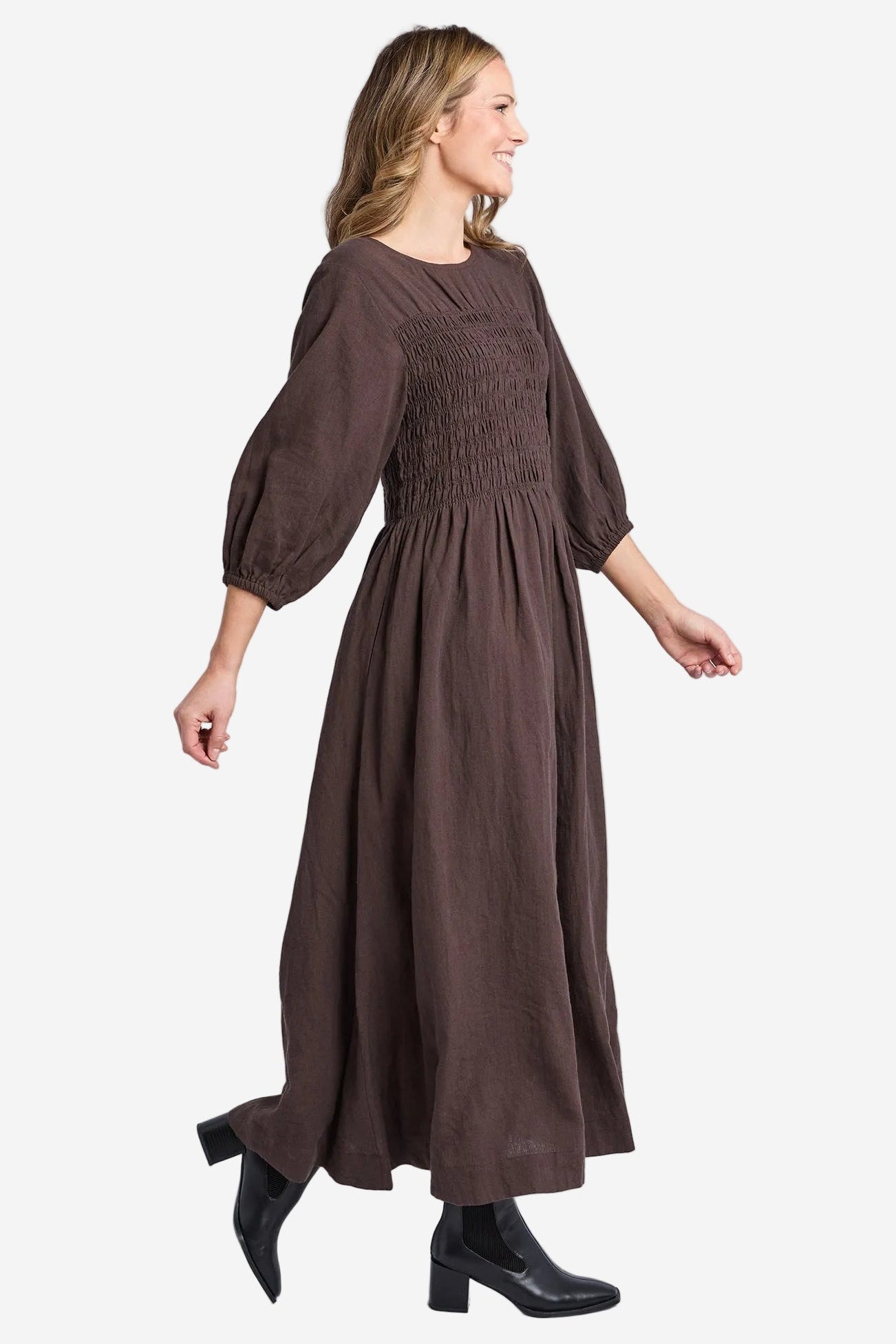ELM NORA SHIRRED DRESS - CHOCOLATE - THE VOGUE STORE