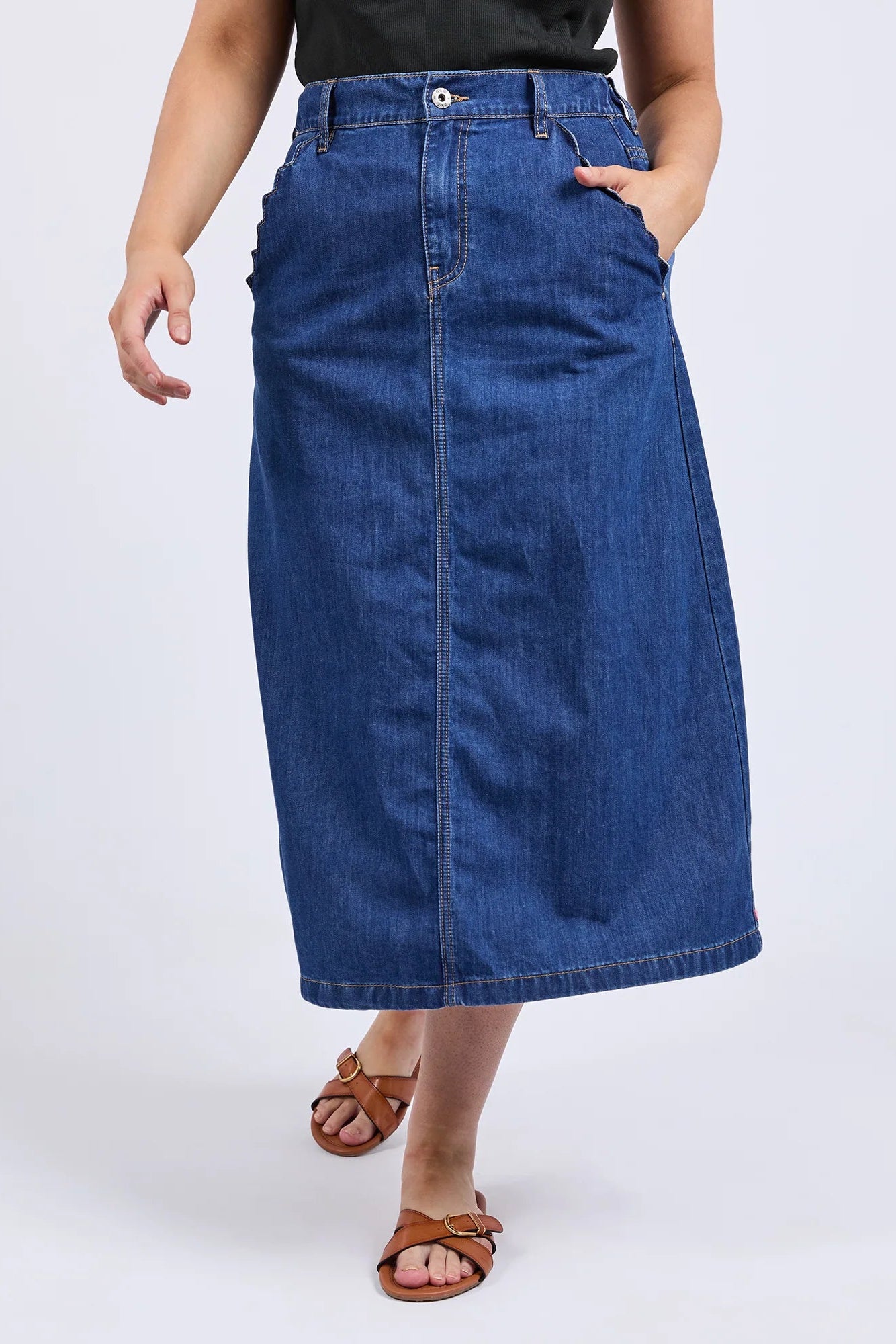 ELM SCALLOP EDGE DENIM SKIRT - MID BLUE WASH - THE VOGUE STORE