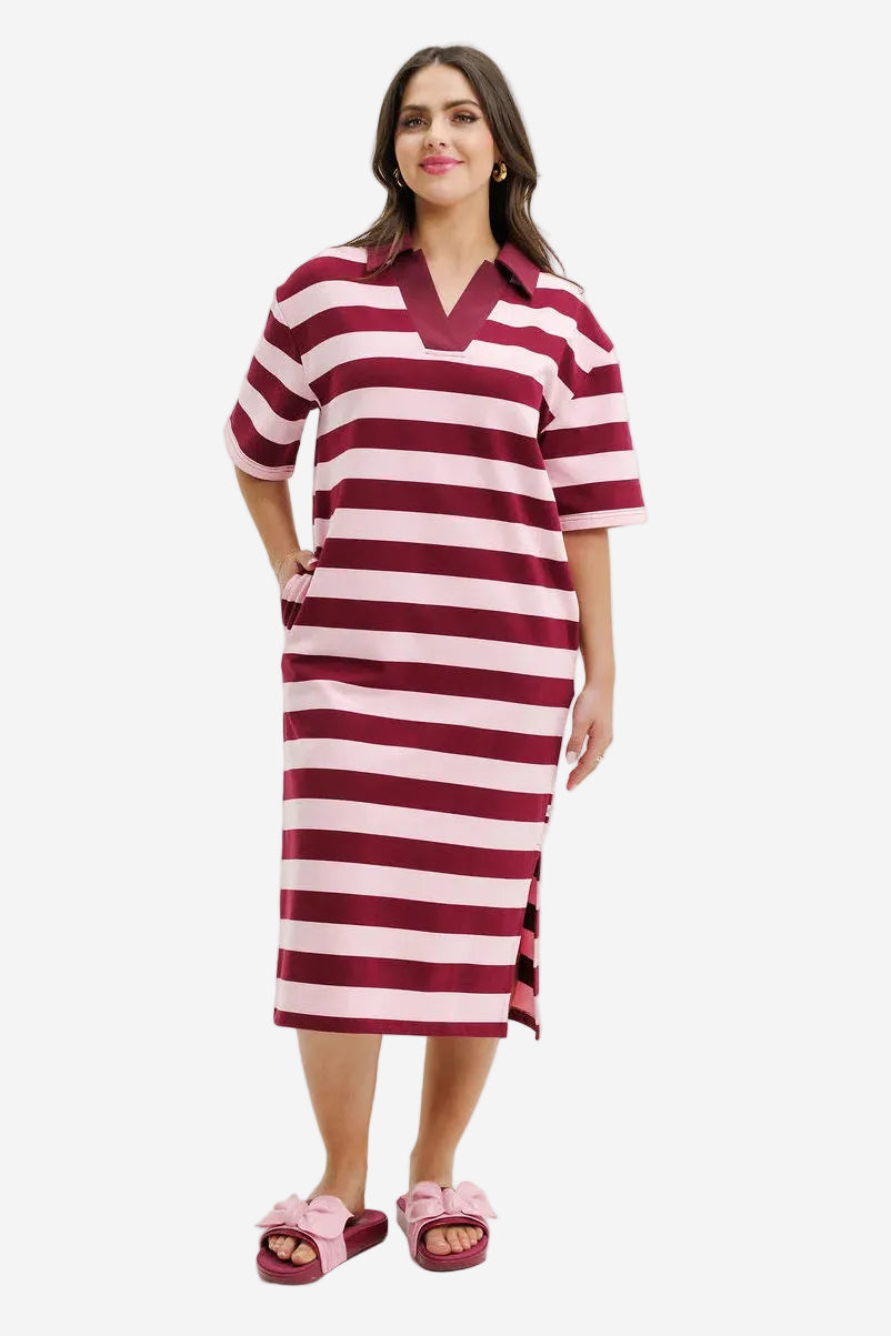 HOMELEE ADELA DRESS - MERLOT & BLUSH STRIPE - THE VOGUE STORE