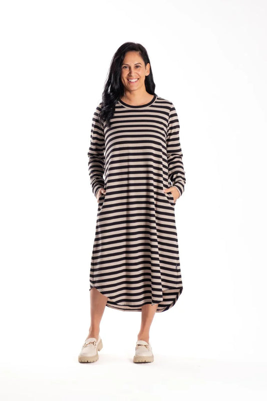 JELLICOE SIMONE DRESS - TAUPE STRIPE - THE VOGUE STORE