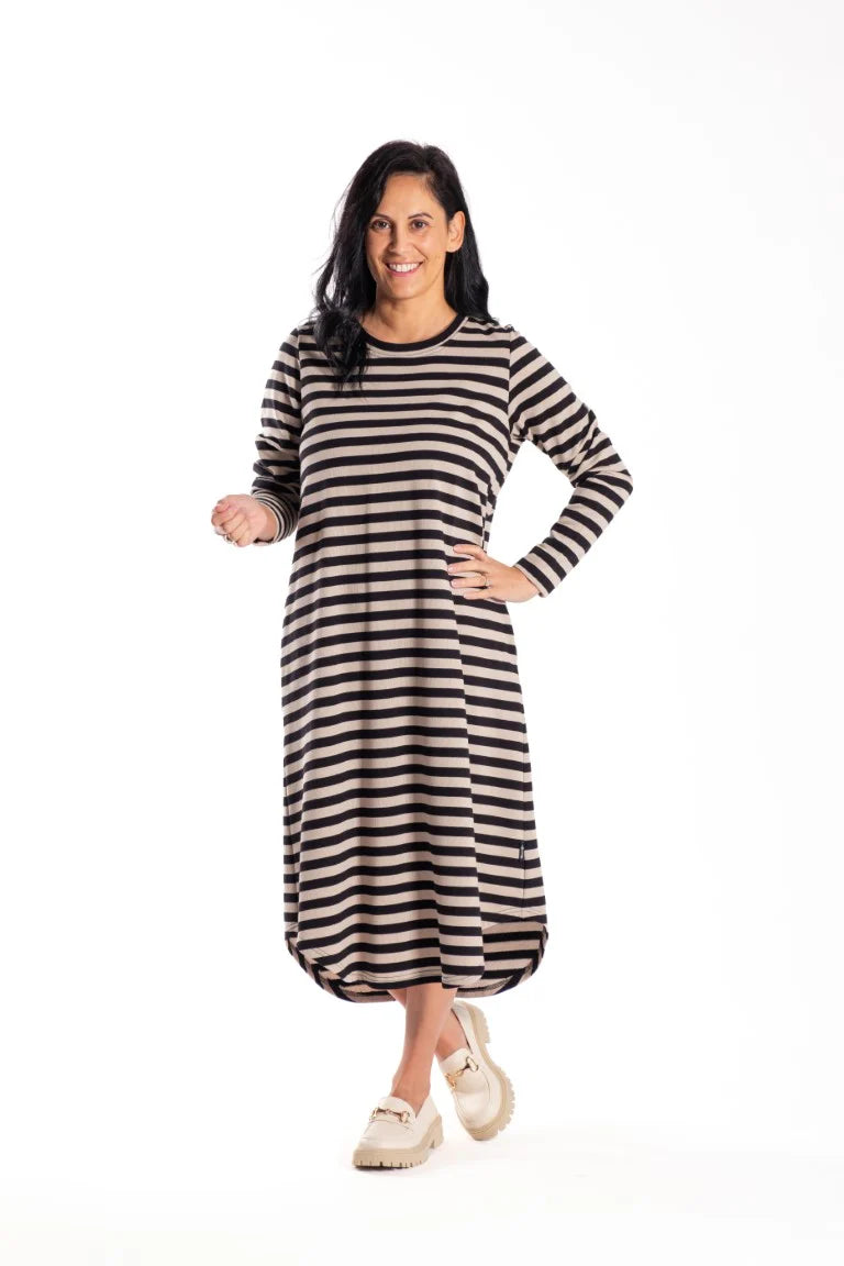 JELLICOE SIMONE DRESS - TAUPE STRIPE - THE VOGUE STORE