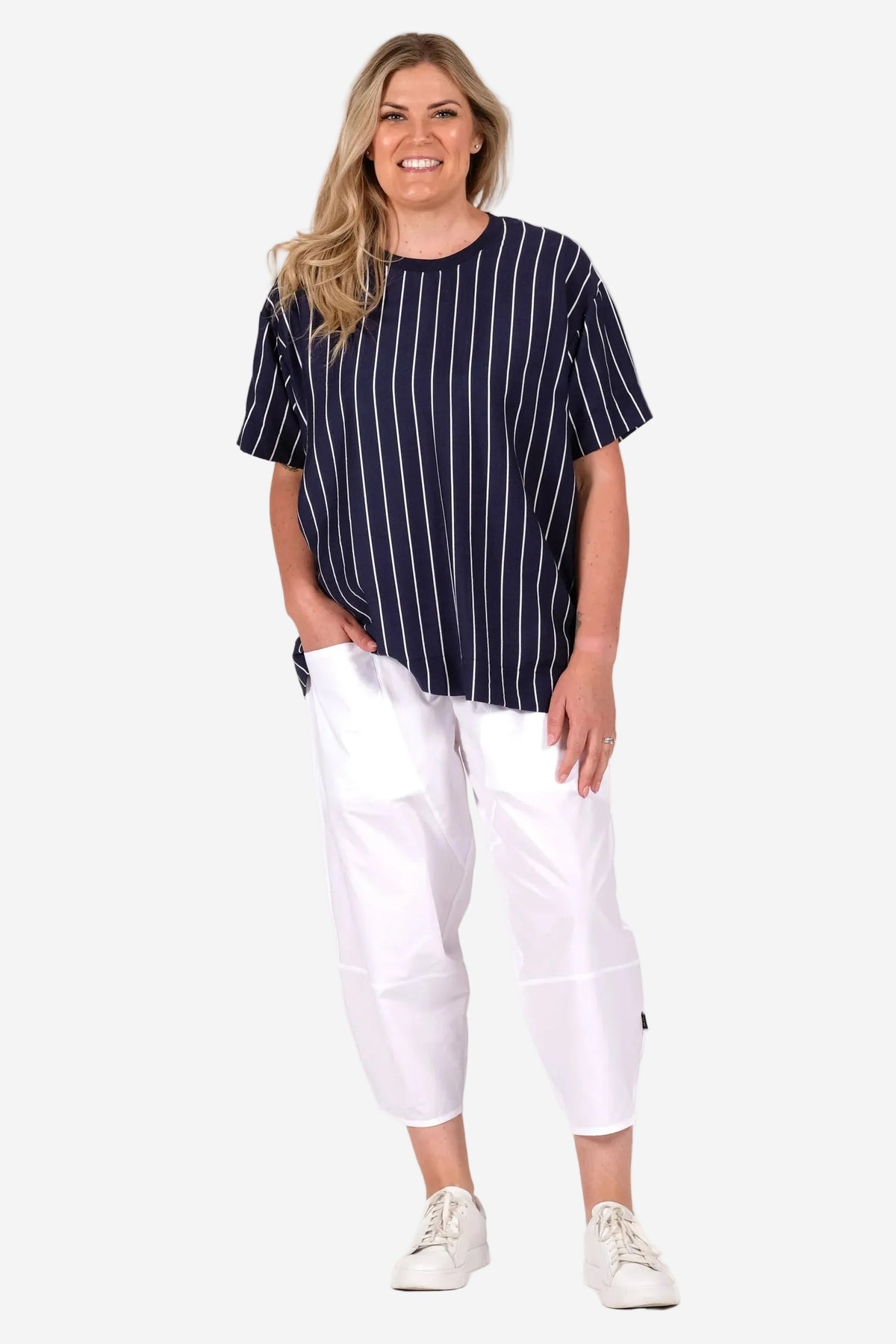 DEEANNE HOBBS TALIA TOP - LINEAR NAVY - THE VOGUE STORE