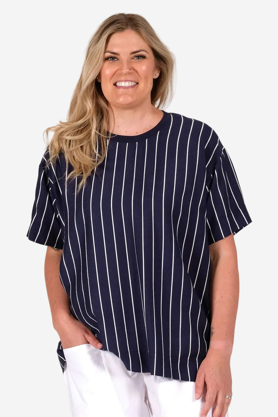 DEEANNE HOBBS TALIA TOP - LINEAR NAVY - THE VOGUE STORE