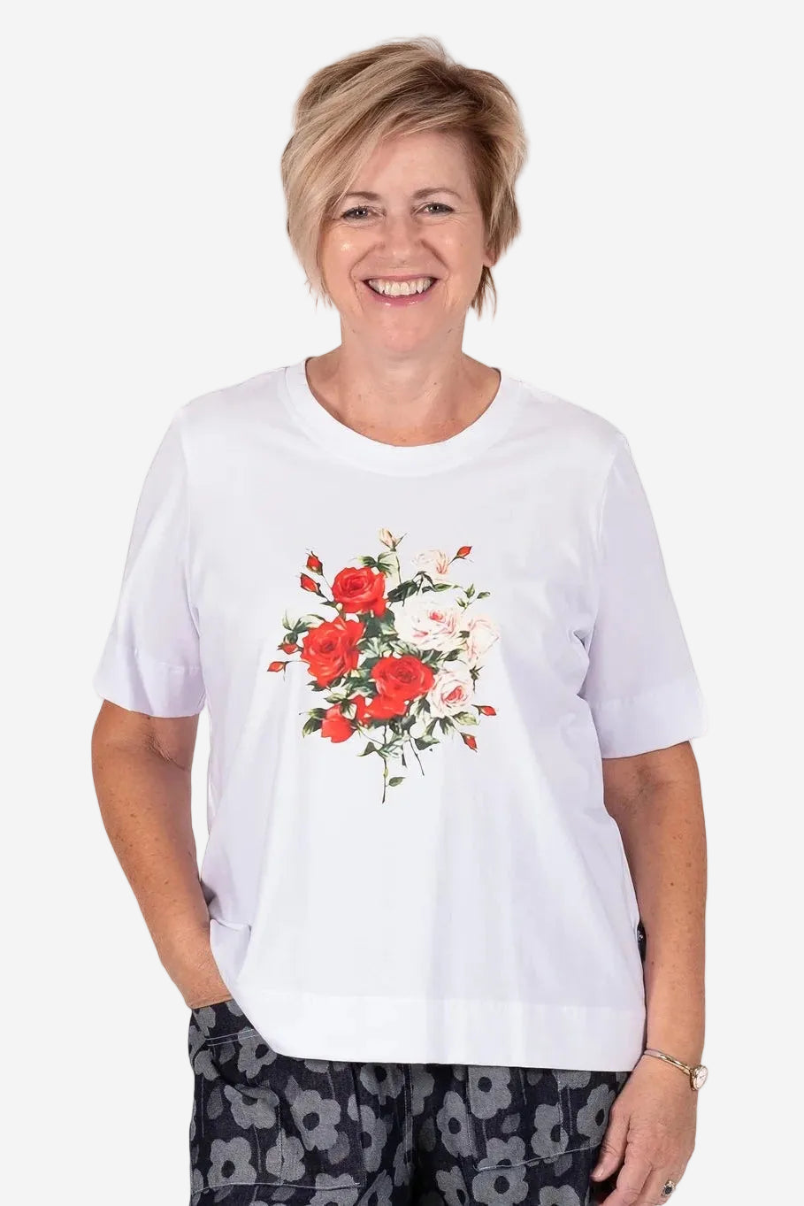 JELLICOE BASIC WHITE TEE - ROSES - THE VOGUE STORE