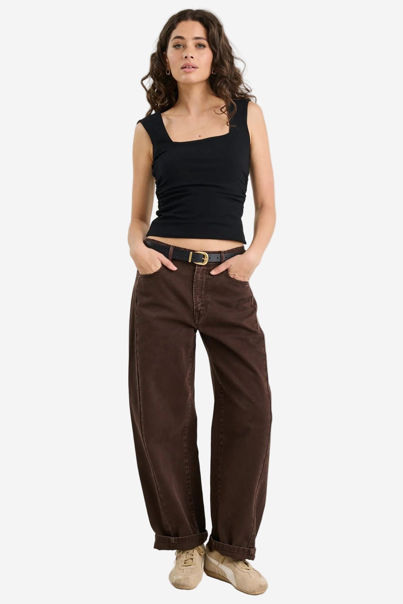 AMONG THE BRAVE VARSITY CHOCOLATE FORWARD SEAM BARREL JEANS - THE VOGUE STORE