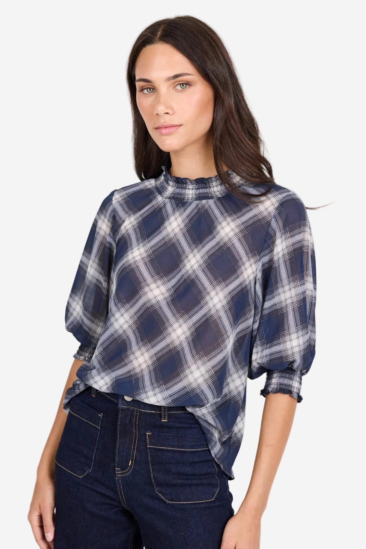 IVY + JACK AFFIRMING NAVY CHECK CHIFFON HIGH NECK SS TOP - THE VOGUE STORE