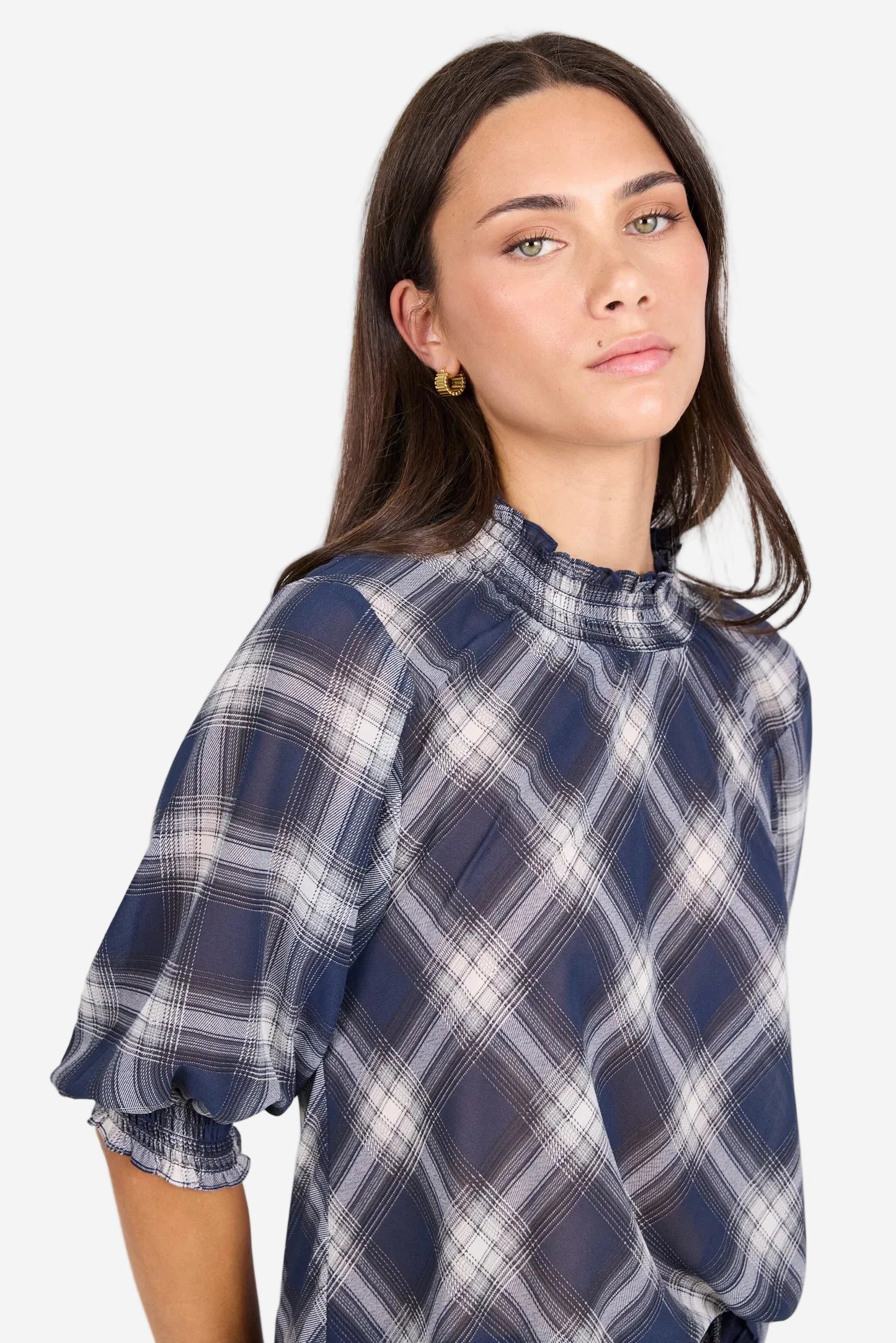 IVY + JACK AFFIRMING NAVY CHECK CHIFFON HIGH NECK SS TOP - THE VOGUE STORE