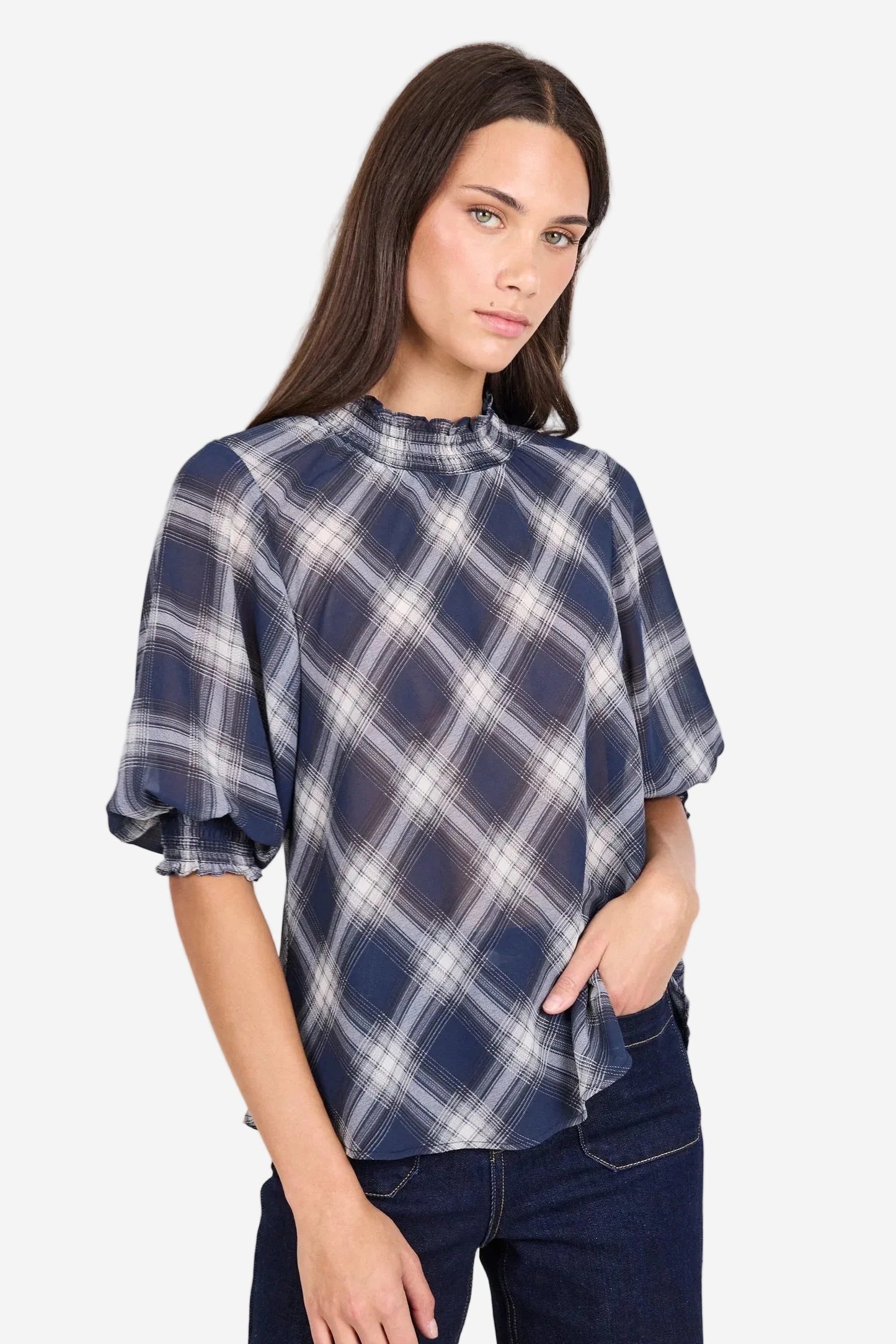 IVY + JACK AFFIRMING NAVY CHECK CHIFFON HIGH NECK SS TOP - THE VOGUE STORE