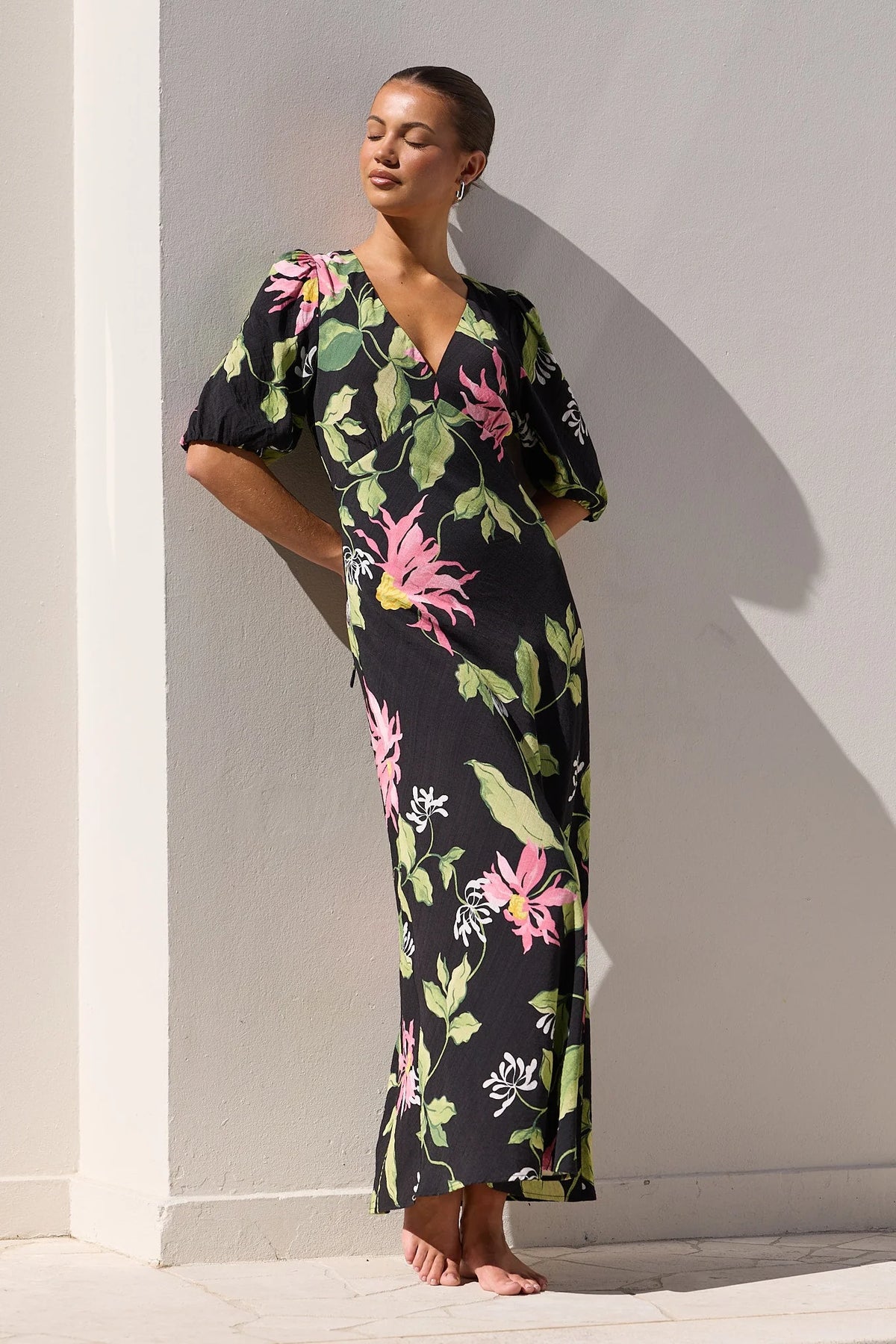 AMONG THE BRAVE AMORA BLACK BLUSH FLORAL BIAS MAXI DRESS - THE VOGUE STORE
