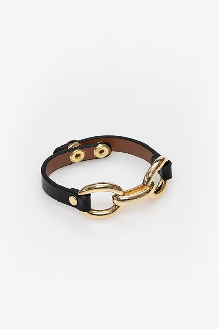 ANTLER LEATHER GOLD CHAIN LINK BRACELET - BLACK