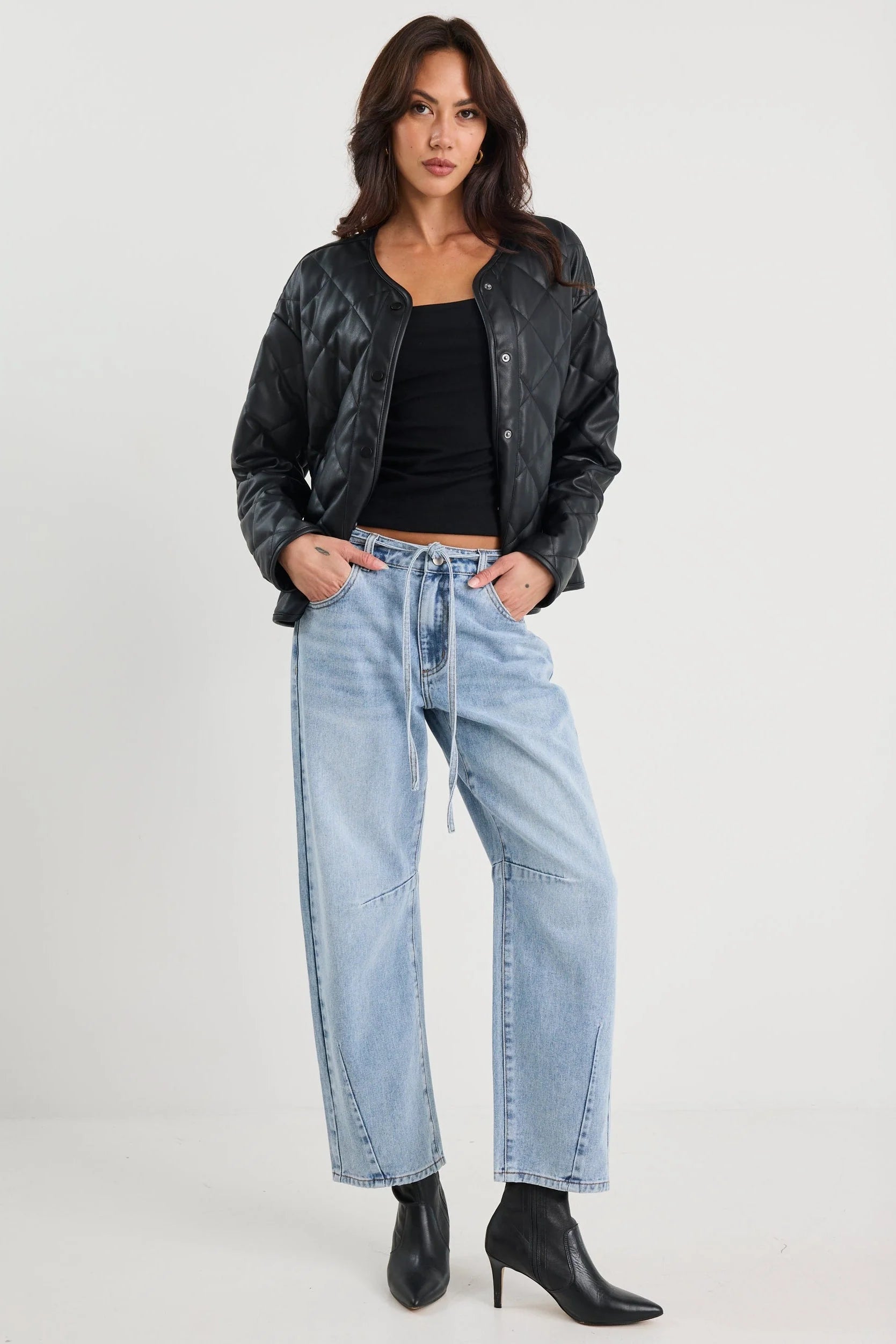 STORIES BE TOLD APEX BLACK PU LEATHER COLLARLESS QUILTED PUFFER JACKET - THE VOGUE STORE