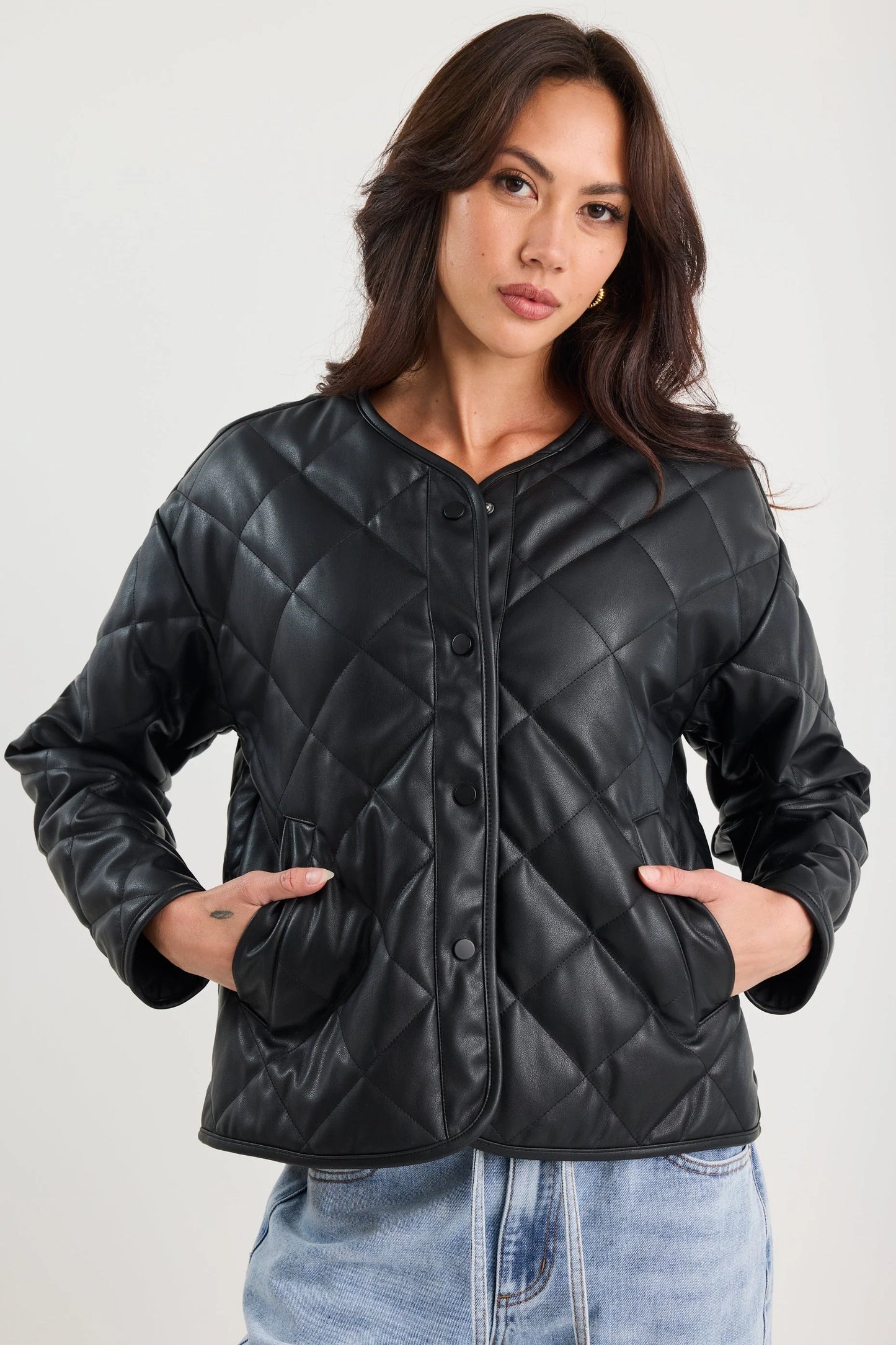 STORIES BE TOLD APEX BLACK PU LEATHER COLLARLESS QUILTED PUFFER JACKET - THE VOGUE STORE