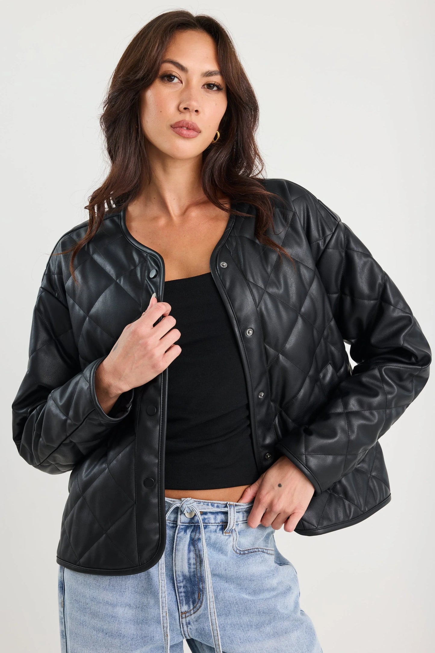 STORIES BE TOLD APEX BLACK PU LEATHER COLLARLESS QUILTED PUFFER JACKET - THE VOGUE STORE