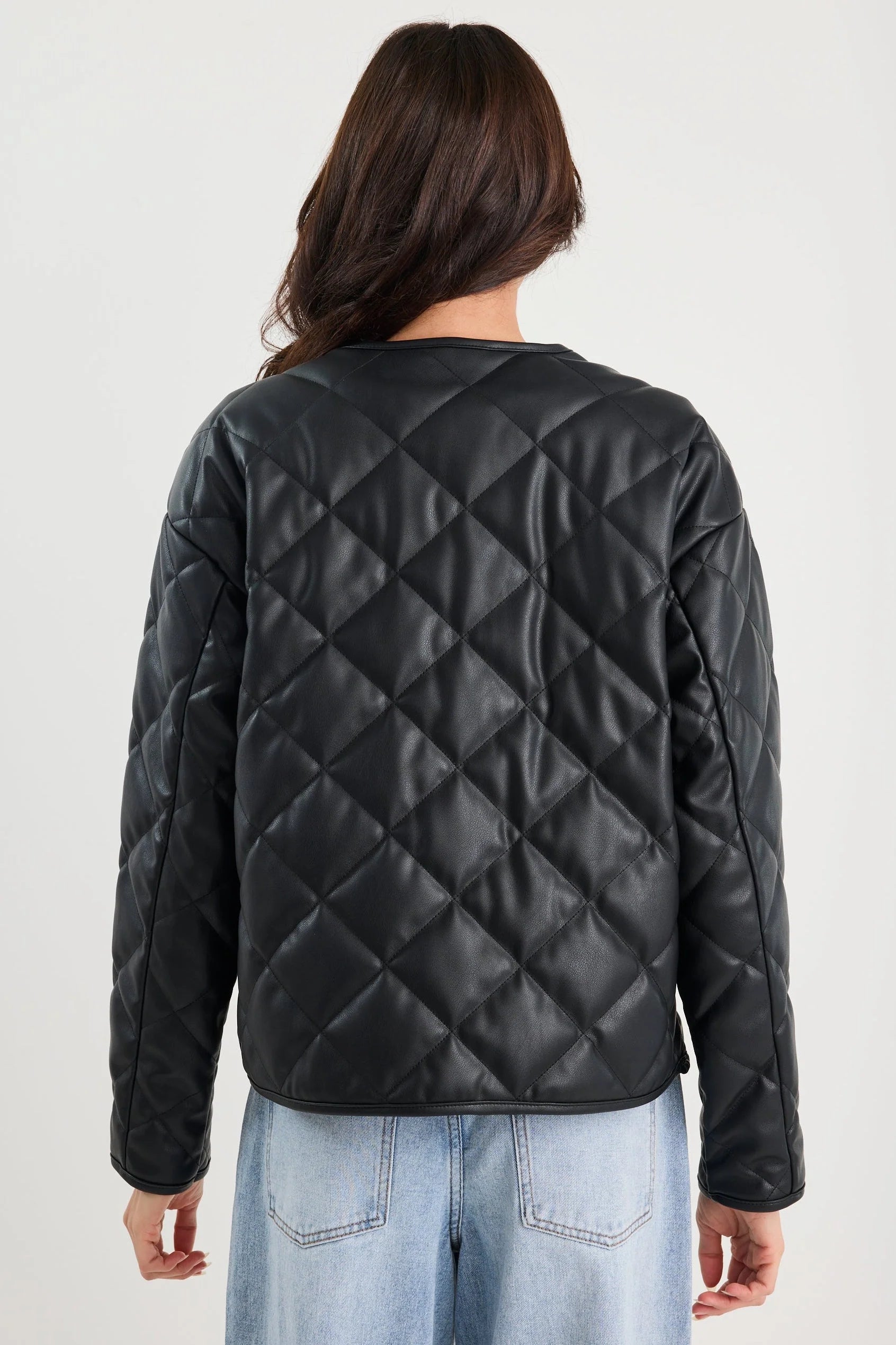 STORIES BE TOLD APEX BLACK PU LEATHER COLLARLESS QUILTED PUFFER JACKET - THE VOGUE STORE