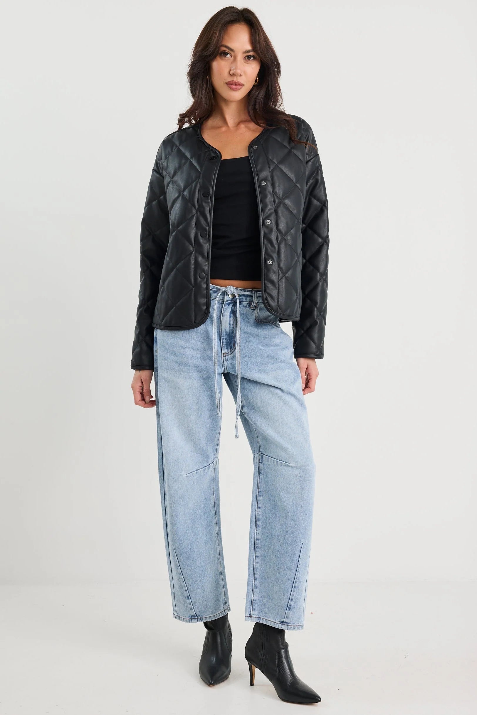 STORIES BE TOLD APEX BLACK PU LEATHER COLLARLESS QUILTED PUFFER JACKET - THE VOGUE STORE