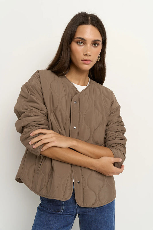 STORIES BE TOLD APEX MOCHA COLLARLESS PUFFER JACKET - THE VOGUE STORE