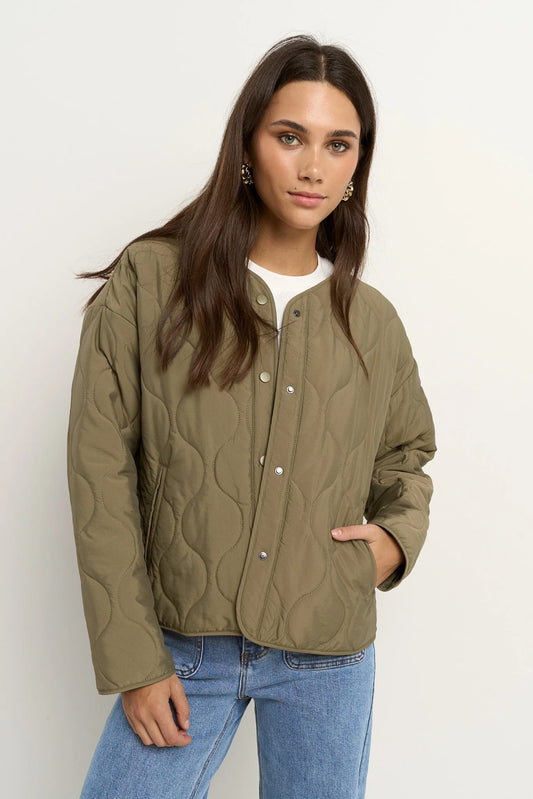 STORIES BE TOLD APEX OLIVE COLLARLESS PUFFER JACKET - OLIVE - THE VOGUE STORE