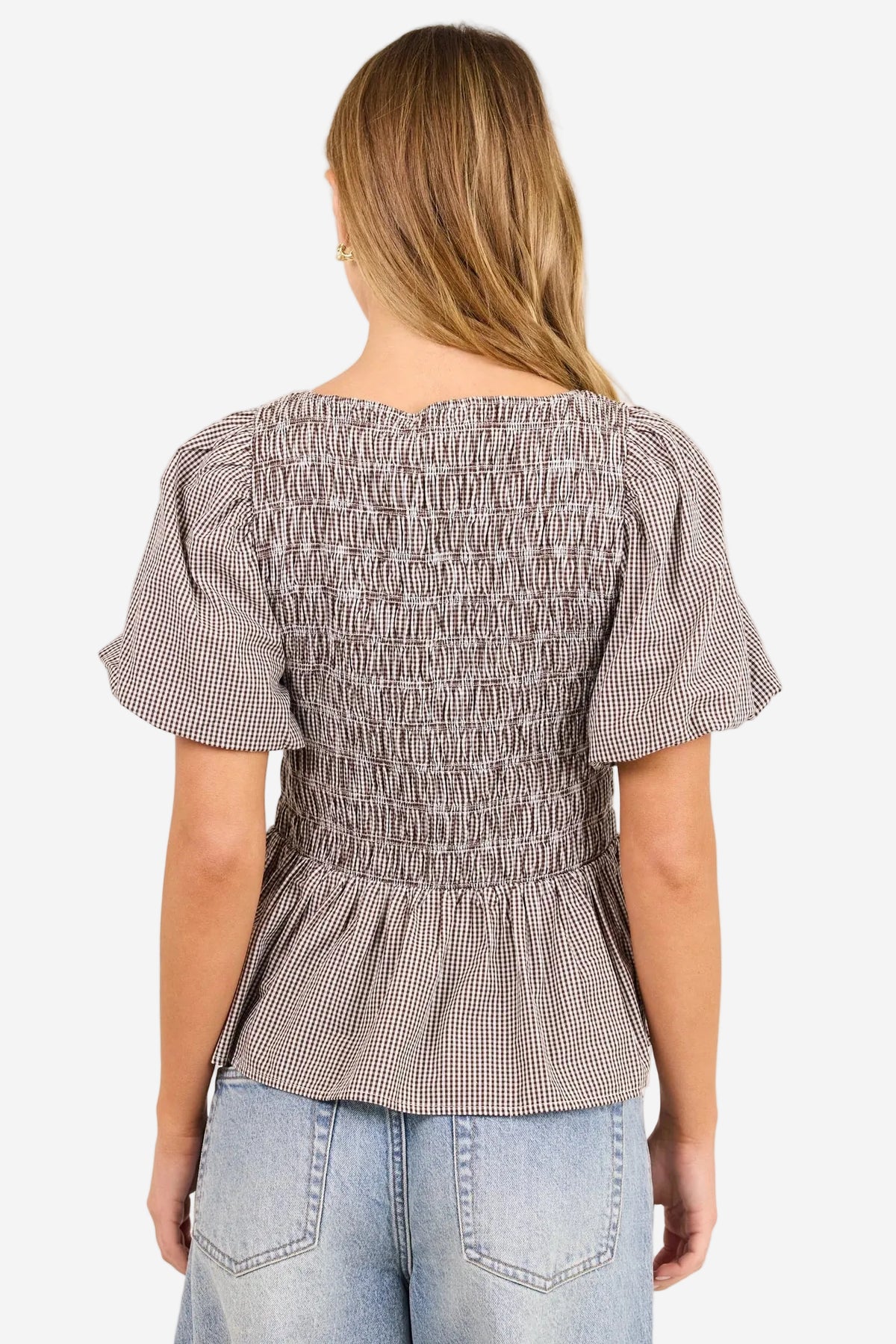STORIES BE TOLD ARTIFACT CHOCOLATE MINI GINGHAM SHIRRED BUBBLE SLEEVE TOP - THE VOGUE STORE