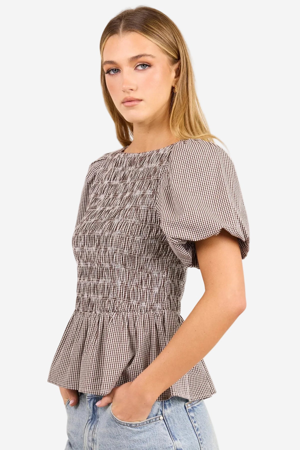 STORIES BE TOLD ARTIFACT CHOCOLATE MINI GINGHAM SHIRRED BUBBLE SLEEVE TOP - THE VOGUE STORE