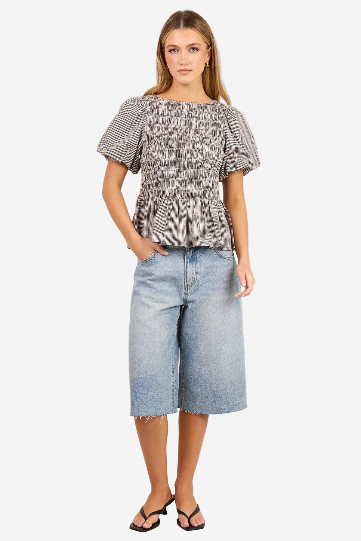 STORIES BE TOLD ARTIFACT CHOCOLATE MINI GINGHAM SHIRRED BUBBLE SLEEVE TOP - THE VOGUE STORE
