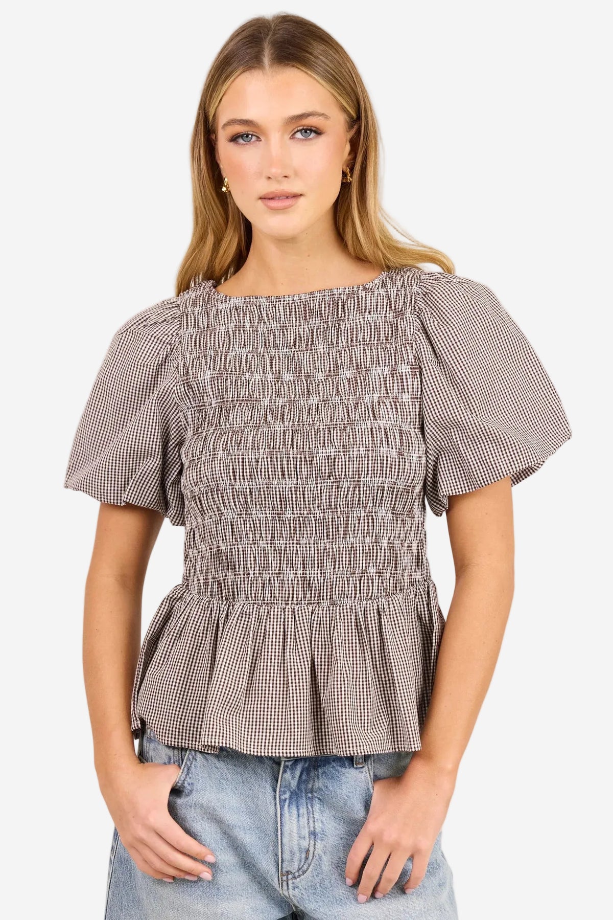 STORIES BE TOLD ARTIFACT CHOCOLATE MINI GINGHAM SHIRRED BUBBLE SLEEVE TOP - THE VOGUE STORE