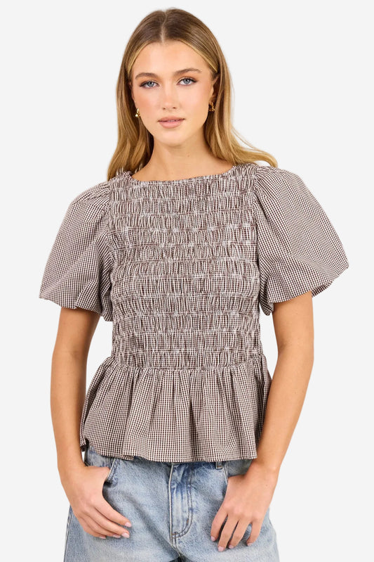 STORIES BE TOLD ARTIFACT CHOCOLATE MINI GINGHAM SHIRRED BUBBLE SLEEVE TOP - THE VOGUE STORE