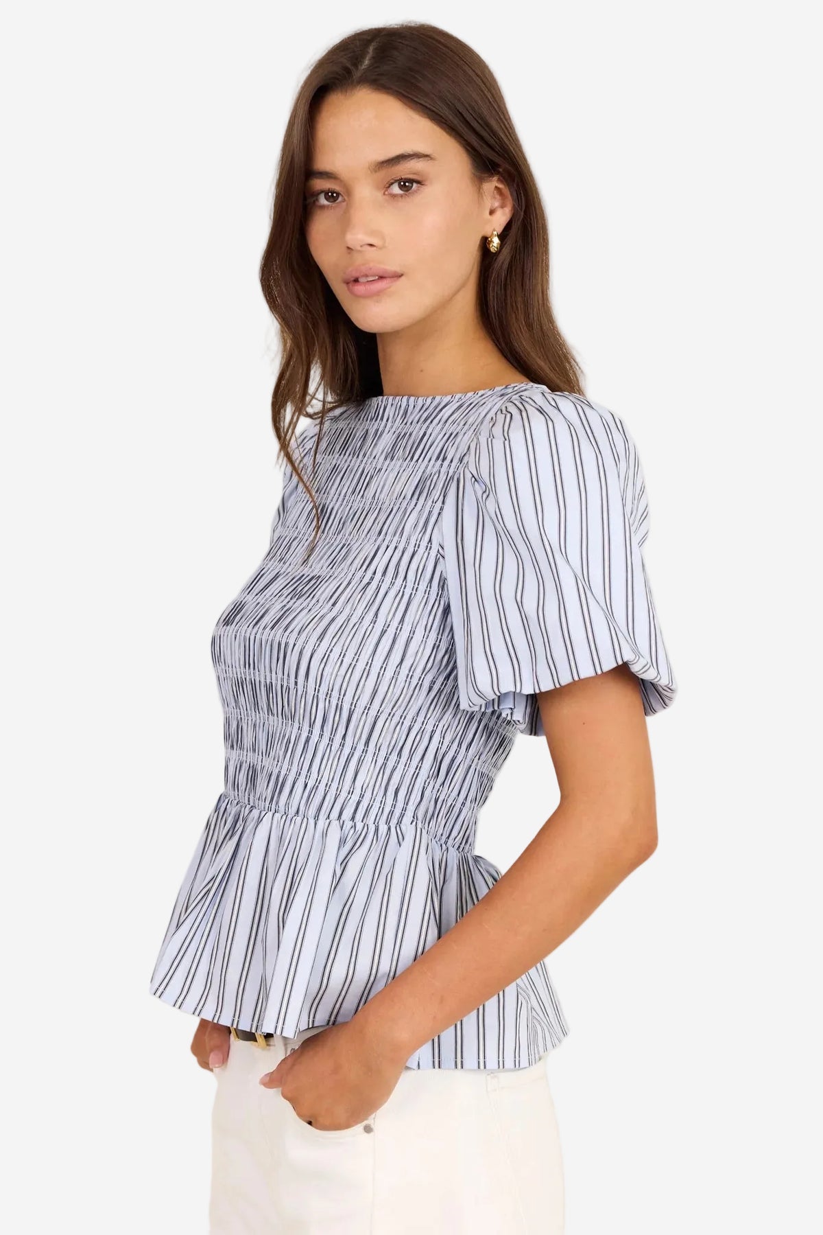 STORIES BE TOLD ARTIFACT PALE BLUE STRIPE SHIRRED BUBBLE SLEEVE TOP - THE VOGUE STORE