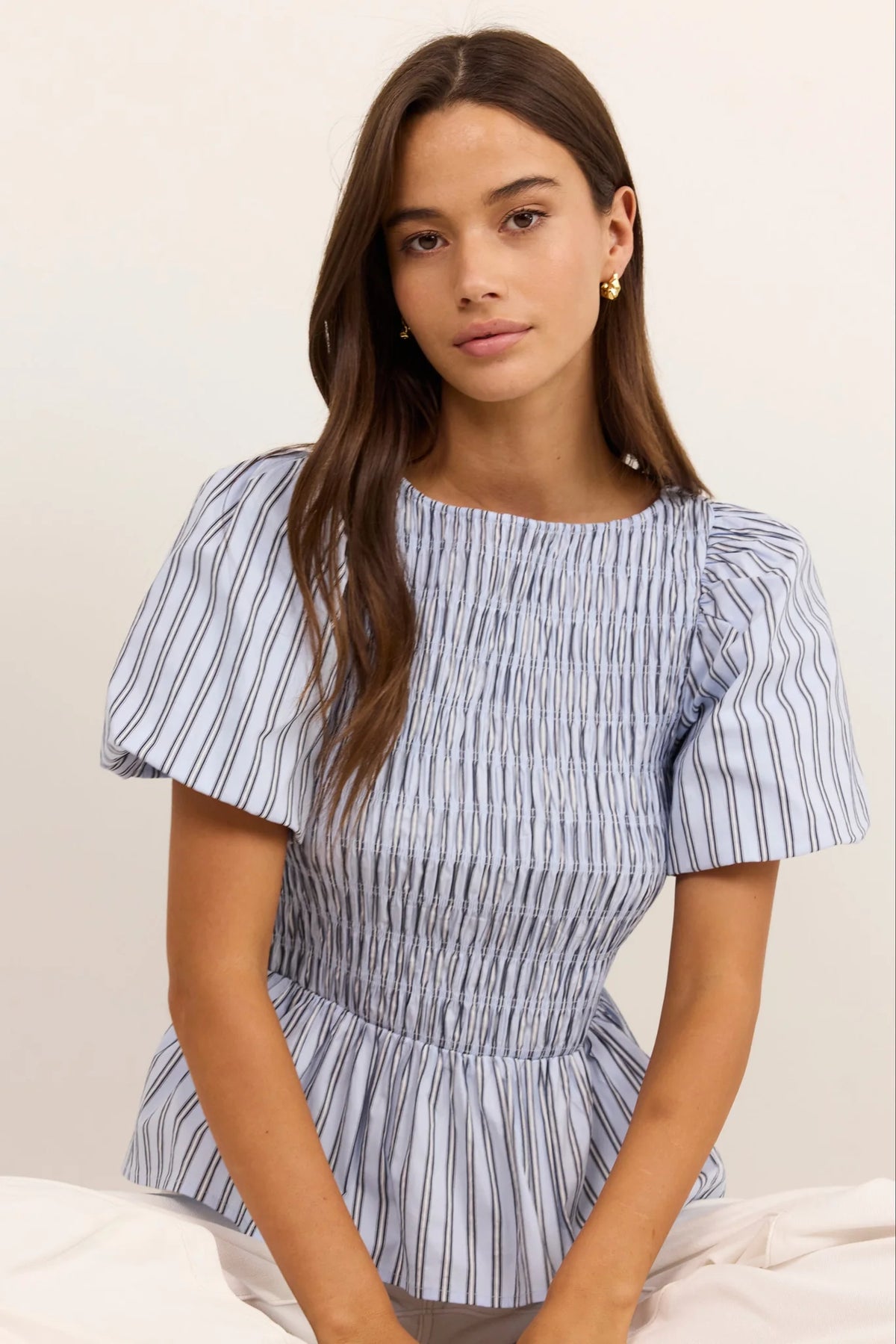 STORIES BE TOLD ARTIFACT PALE BLUE STRIPE SHIRRED BUBBLE SLEEVE TOP - THE VOGUE STORE