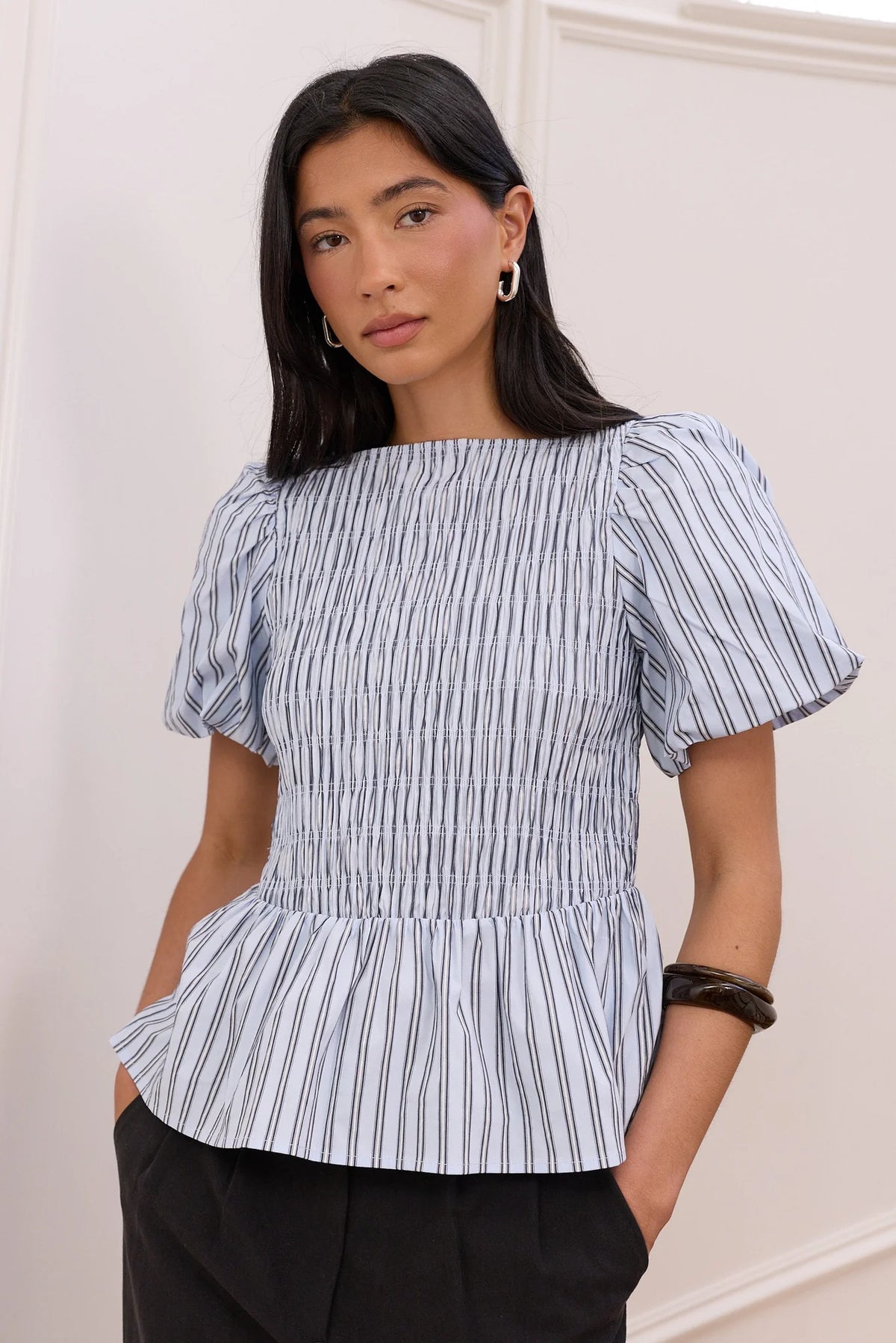STORIES BE TOLD ARTIFACT PALE BLUE STRIPE SHIRRED BUBBLE SLEEVE TOP - THE VOGUE STORE