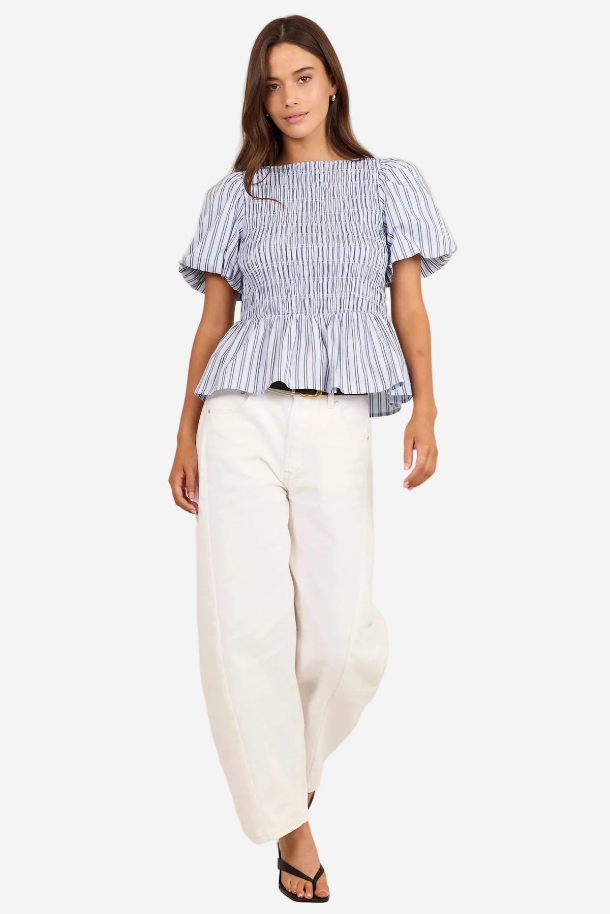 STORIES BE TOLD ARTIFACT PALE BLUE STRIPE SHIRRED BUBBLE SLEEVE TOP - THE VOGUE STORE