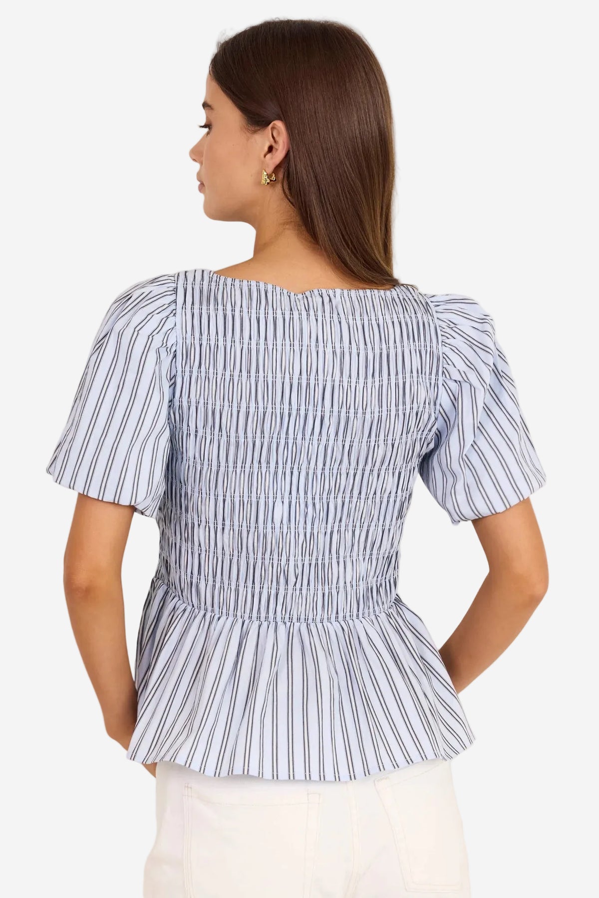 STORIES BE TOLD ARTIFACT PALE BLUE STRIPE SHIRRED BUBBLE SLEEVE TOP - THE VOGUE STORE