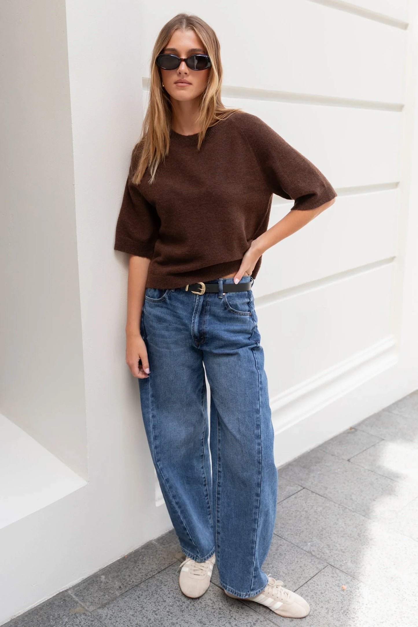 AMONG THE BRAVE VARSITY DEEP BLUE FORWARD SEAM BARREL JEANS - THE VOGUE STORE