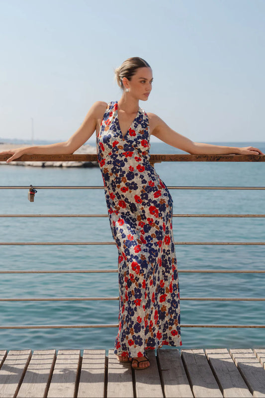 TORIES BE TOLD ASTON BLUE RED POPPY SATIN BIAS FLARED MAXI DRESS - THE VOGUE STORE