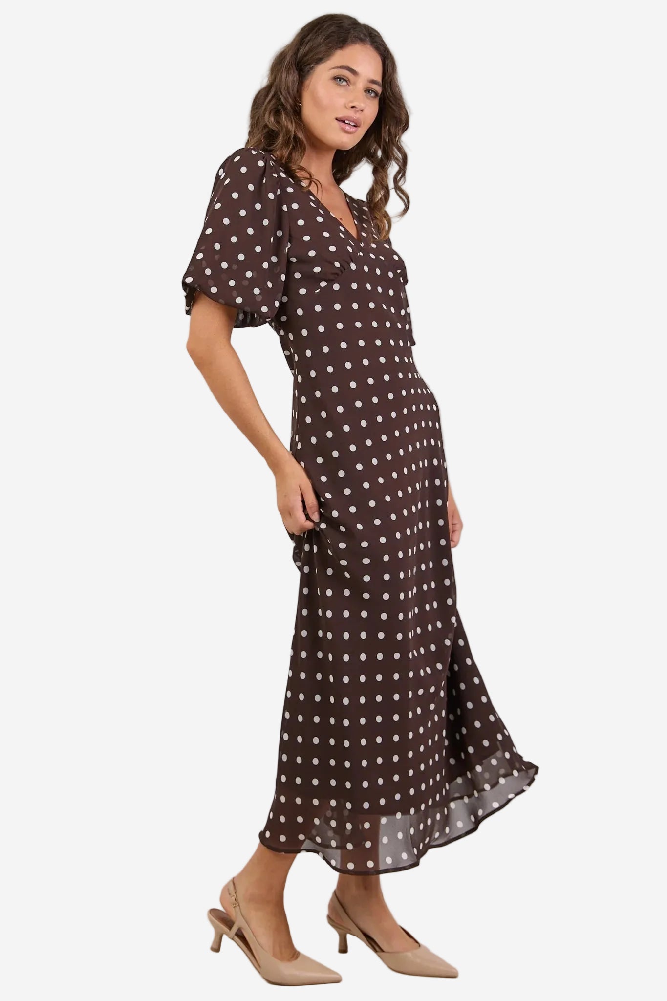 AMONG THE BRAVE AURA CHOCOLATE POLKA DOT BROWN GEORGETTE BIAS MIDI DRESS - THE VOGUE STORE