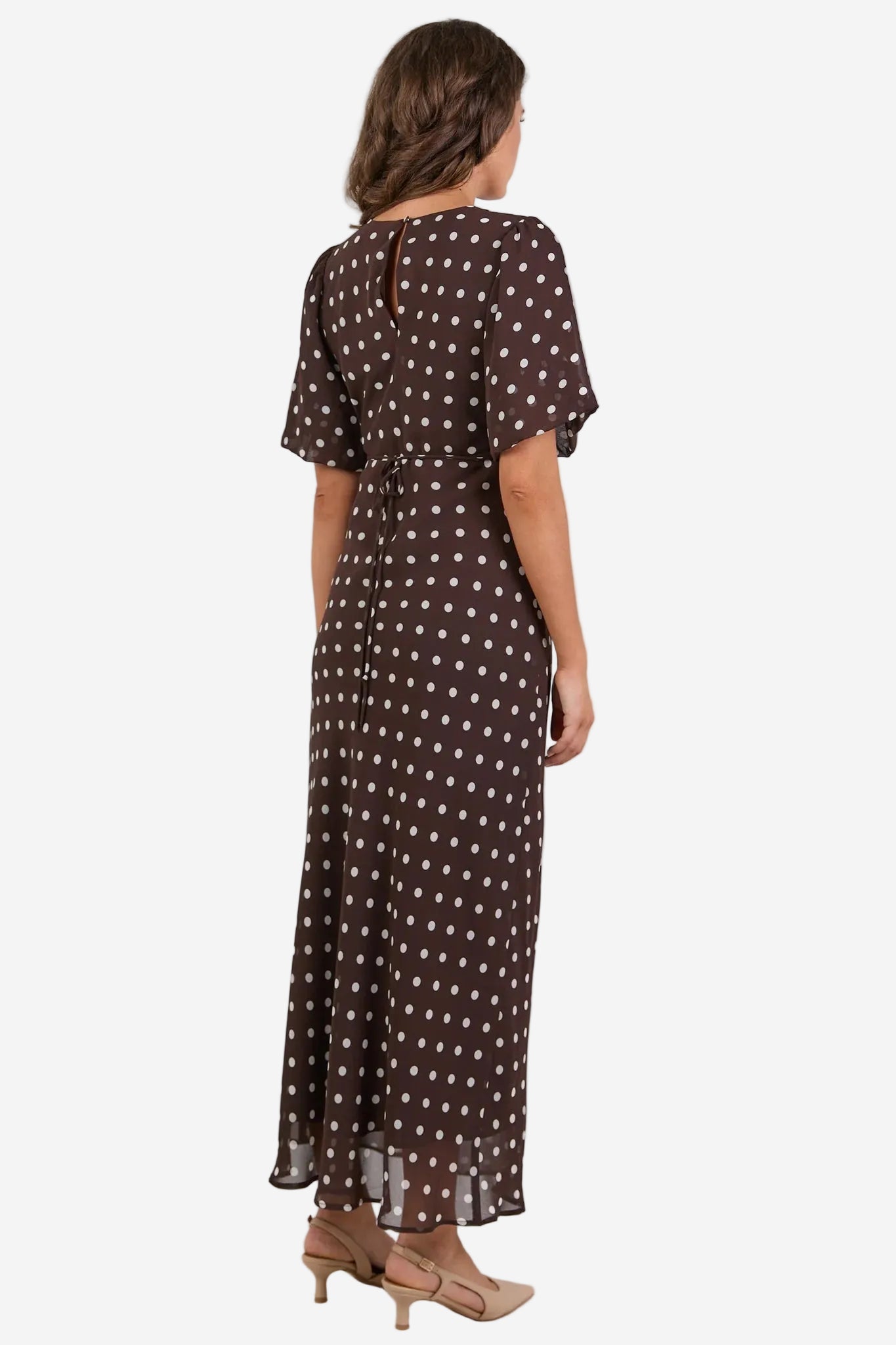 AMONG THE BRAVE AURA CHOCOLATE POLKA DOT BROWN GEORGETTE BIAS MIDI DRESS - THE VOGUE STORE