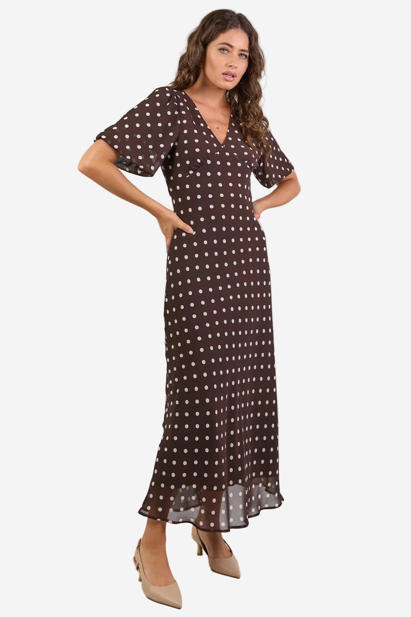 AMONG THE BRAVE AURA CHOCOLATE POLKA DOT BROWN GEORGETTE BIAS MIDI DRESS - THE VOGUE STORE