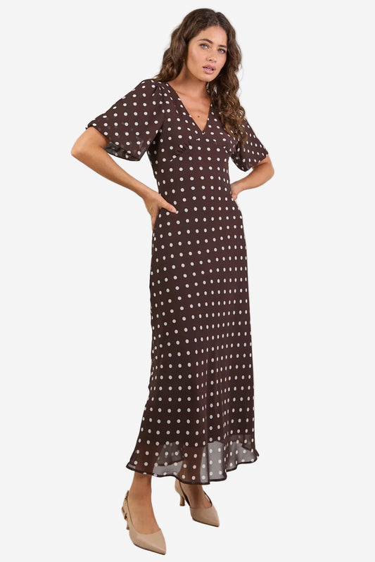 AMONG THE BRAVE AURA CHOCOLATE POLKA DOT BROWN GEORGETTE BIAS MIDI DRESS - THE VOGUE STORE