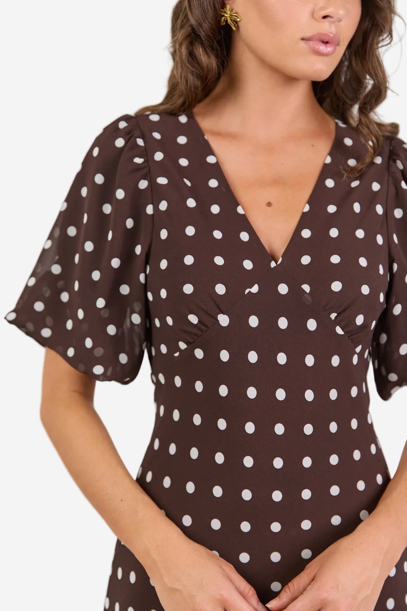 AMONG THE BRAVE AURA CHOCOLATE POLKA DOT BROWN GEORGETTE BIAS MIDI DRESS - THE VOGUE STORE