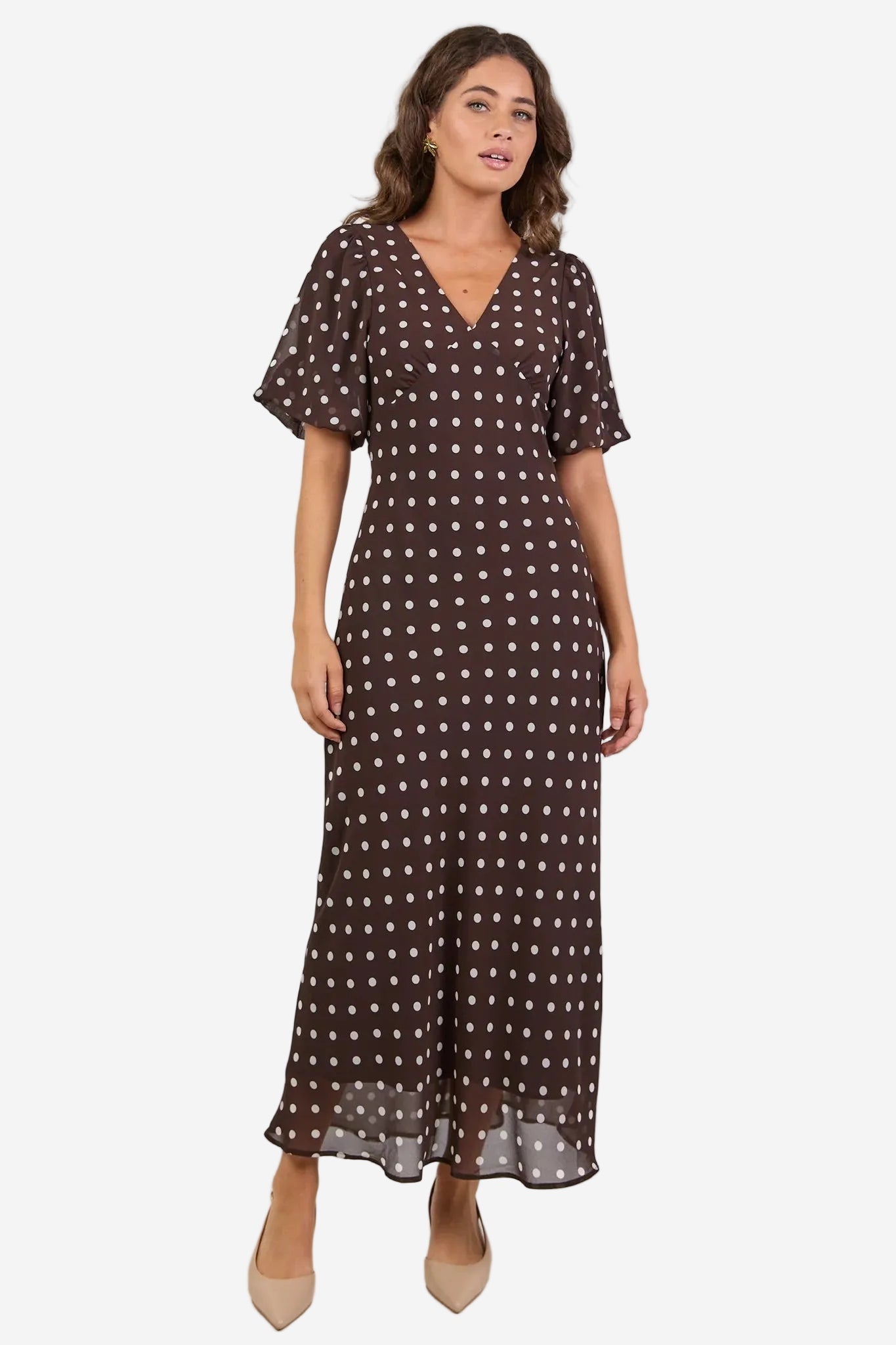 AMONG THE BRAVE AURA CHOCOLATE POLKA DOT BROWN GEORGETTE BIAS MIDI DRESS - THE VOGUE STORE