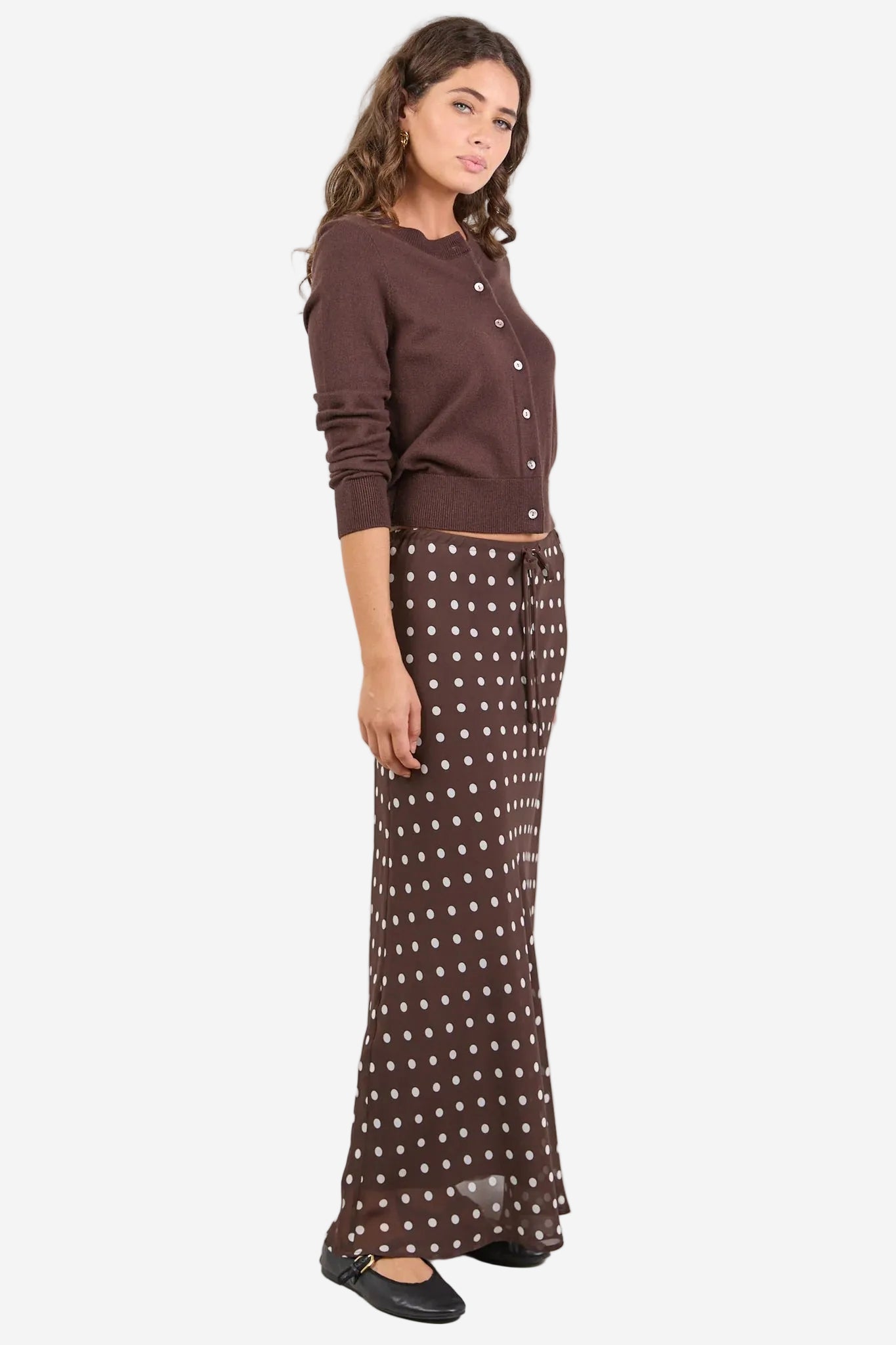 AMONG THE BRAVE RALLY CHOCOLATE POLKA DOT GEORGETTE TIE WAIST MAXI SKIRT - THE VOGUE STORE 