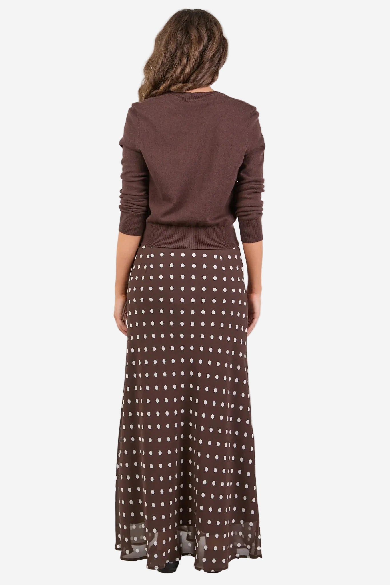 AMONG THE BRAVE RALLY CHOCOLATE POLKA DOT GEORGETTE TIE WAIST MAXI SKIRT - THE VOGUE STORE 