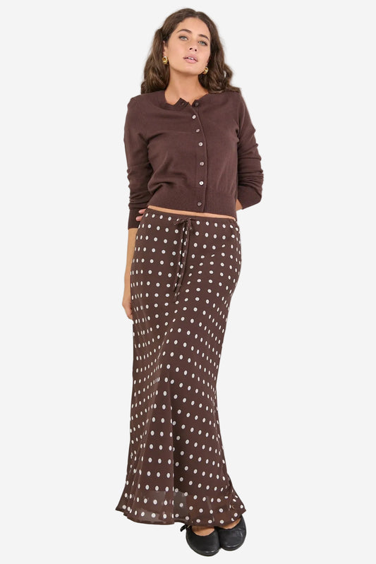 AMONG THE BRAVE RALLY CHOCOLATE POLKA DOT GEORGETTE TIE WAIST MAXI SKIRT - THE VOGUE STORE 