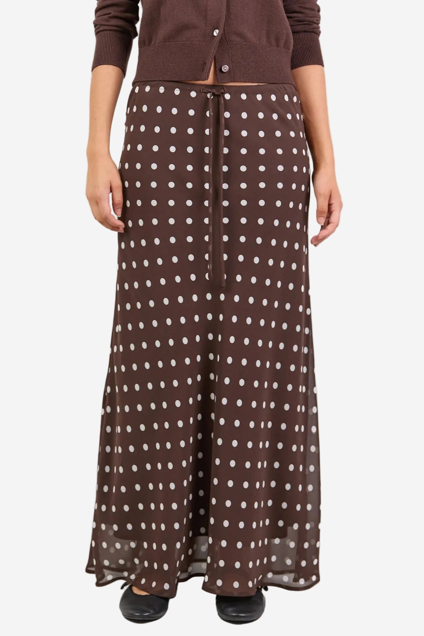 AMONG THE BRAVE RALLY CHOCOLATE POLKA DOT GEORGETTE TIE WAIST MAXI SKIRT - THE VOGUE STORE 