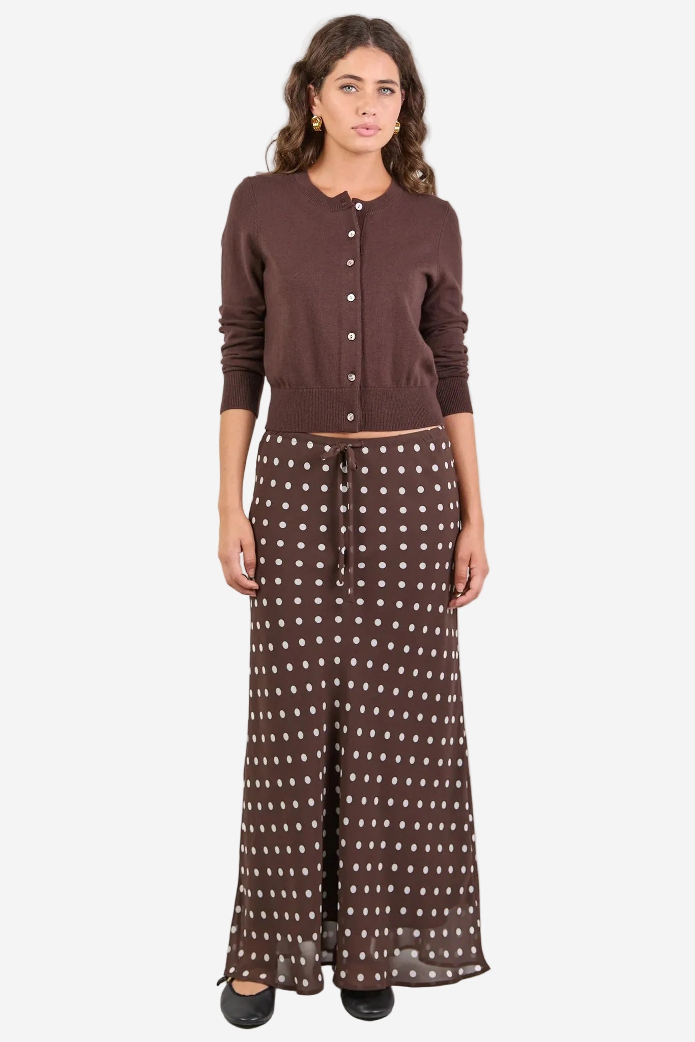 AMONG THE BRAVE RALLY CHOCOLATE POLKA DOT GEORGETTE TIE WAIST MAXI SKIRT - THE VOGUE STORE 